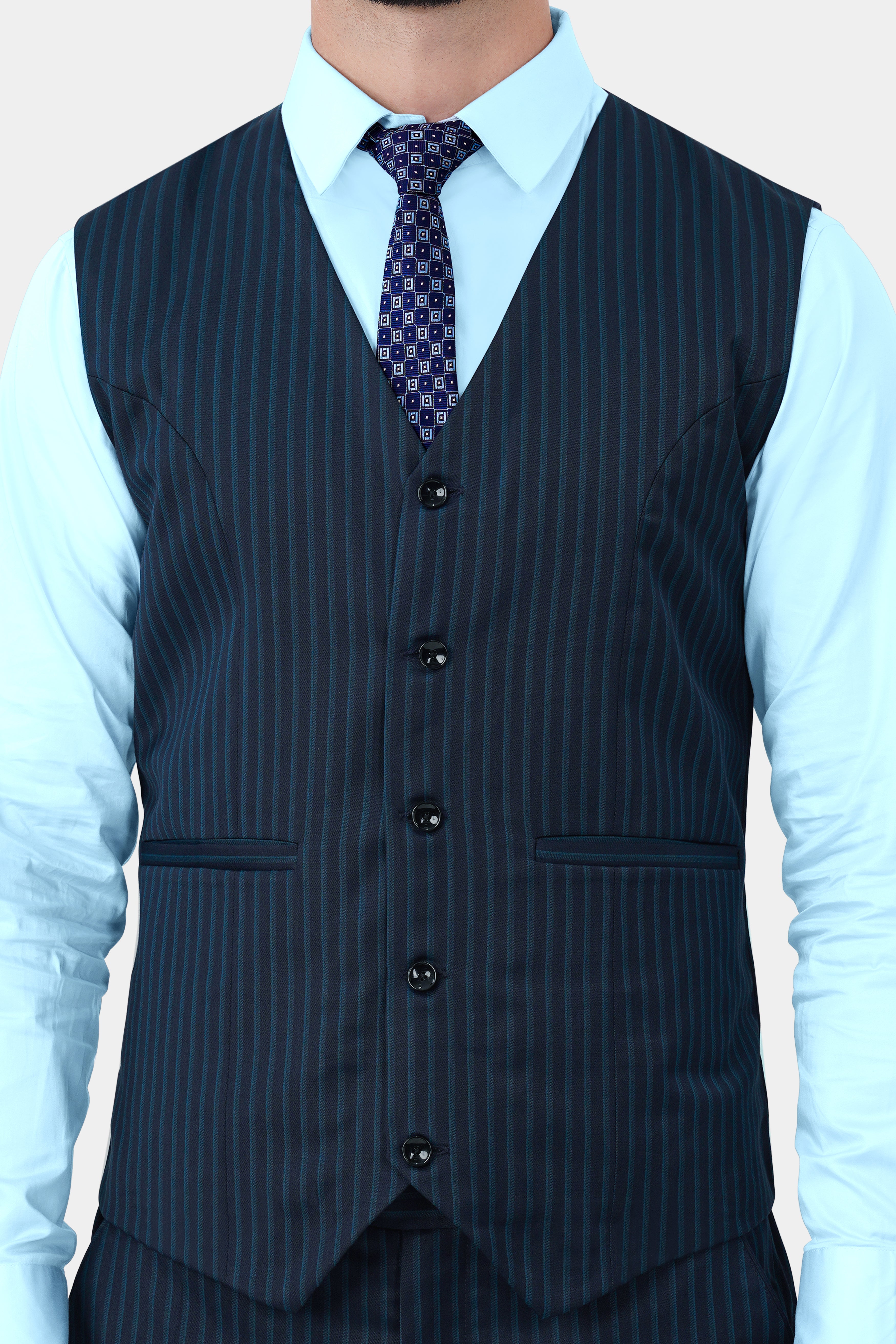 Ebony Blue and Marine Blue Pinstriped Wool Rich Waistcoat