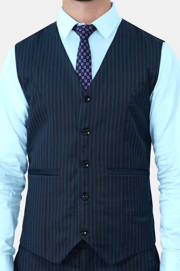 Ebony Blue and Marine Blue Pinstriped Wool Rich Waistcoat