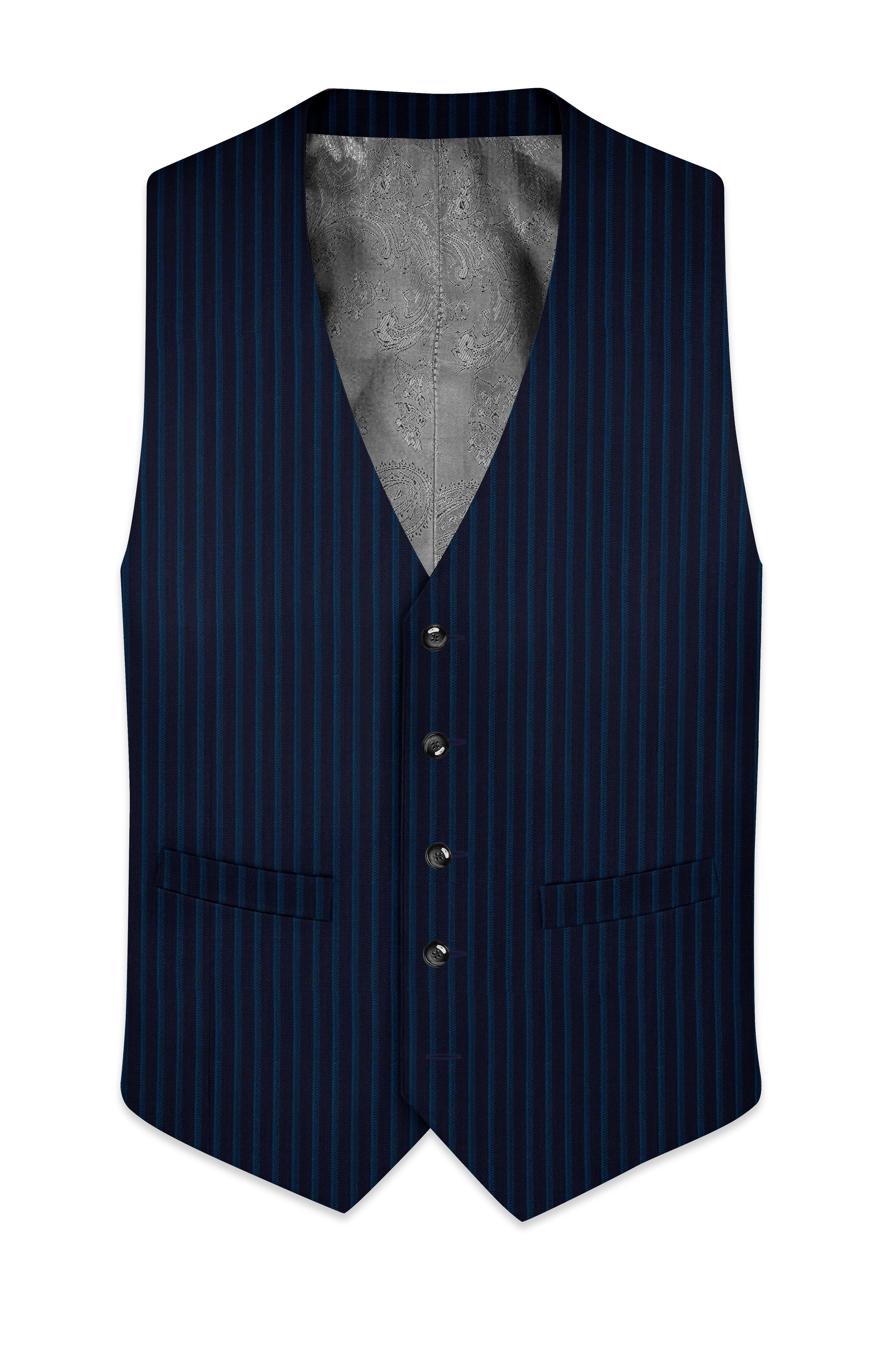 Ebony Blue and Marine Blue Pinstriped Wool Rich Waistcoat