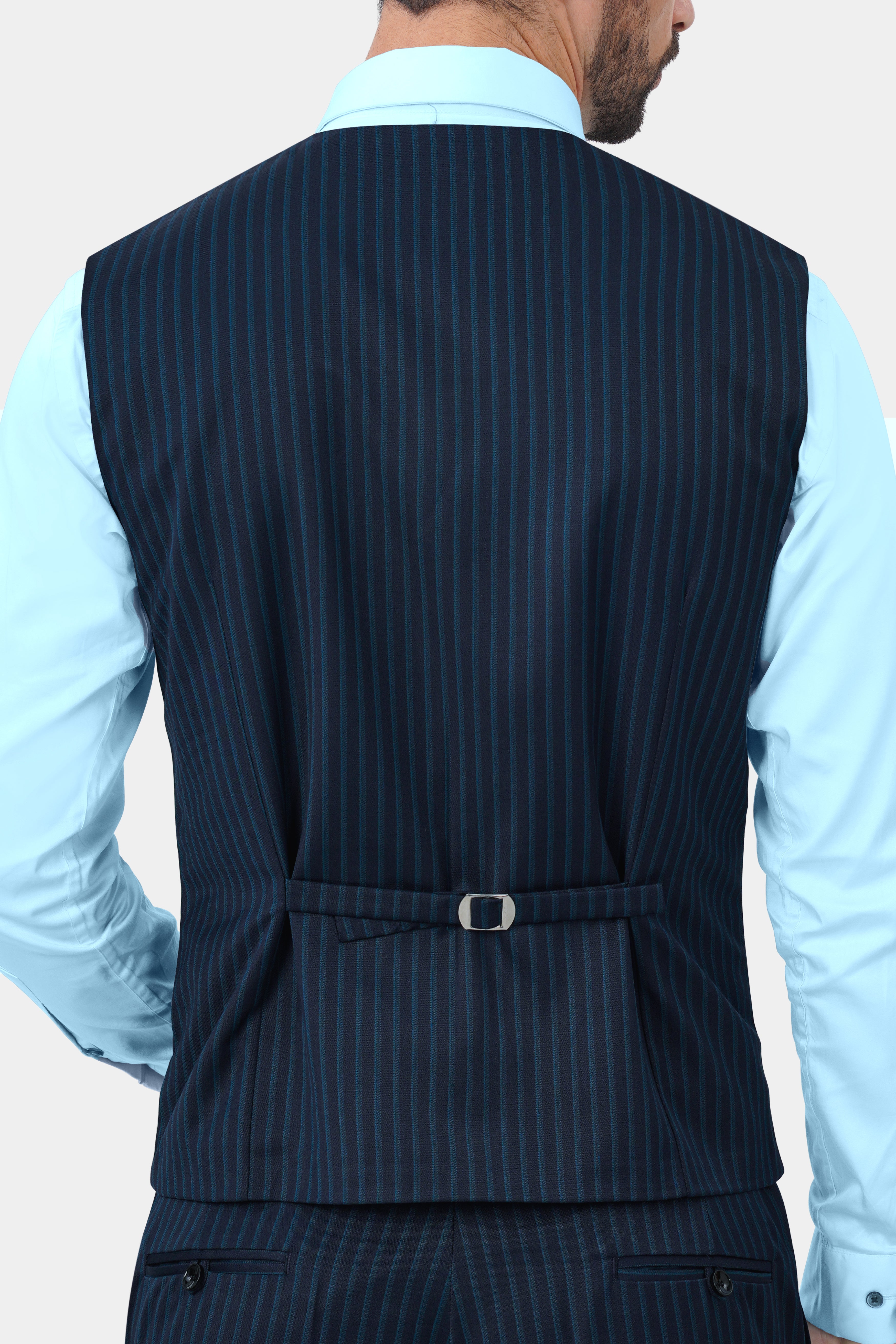 Ebony Blue and Marine Blue Pinstriped Wool Rich Waistcoat
