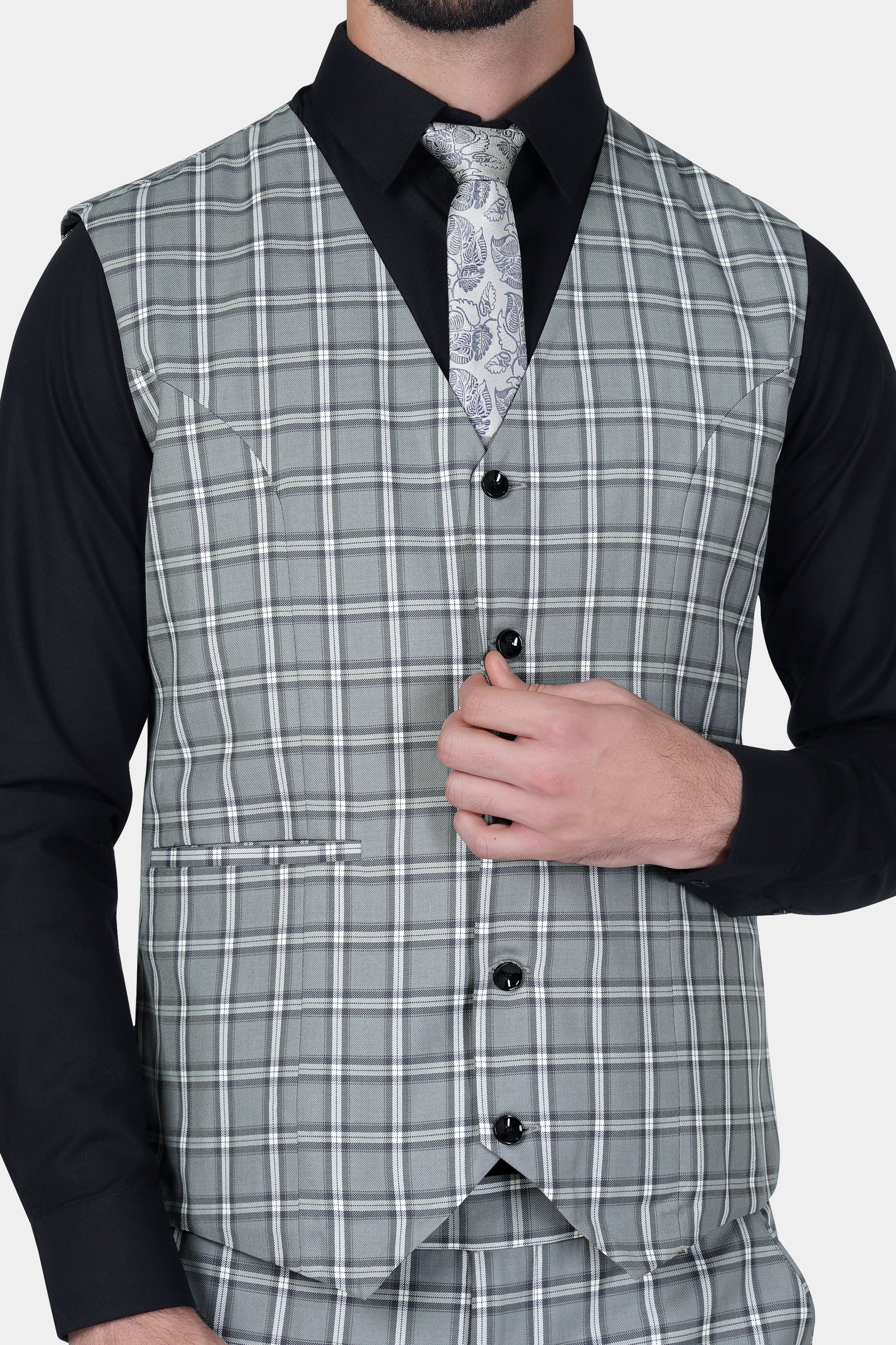 Pewter Gray and White Windowpane Wool Rich Waistcoat