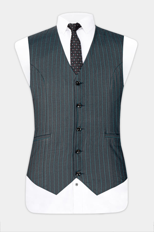 Gravel Gray and Lagoon Blue Striped Wool Rich Waistcoat