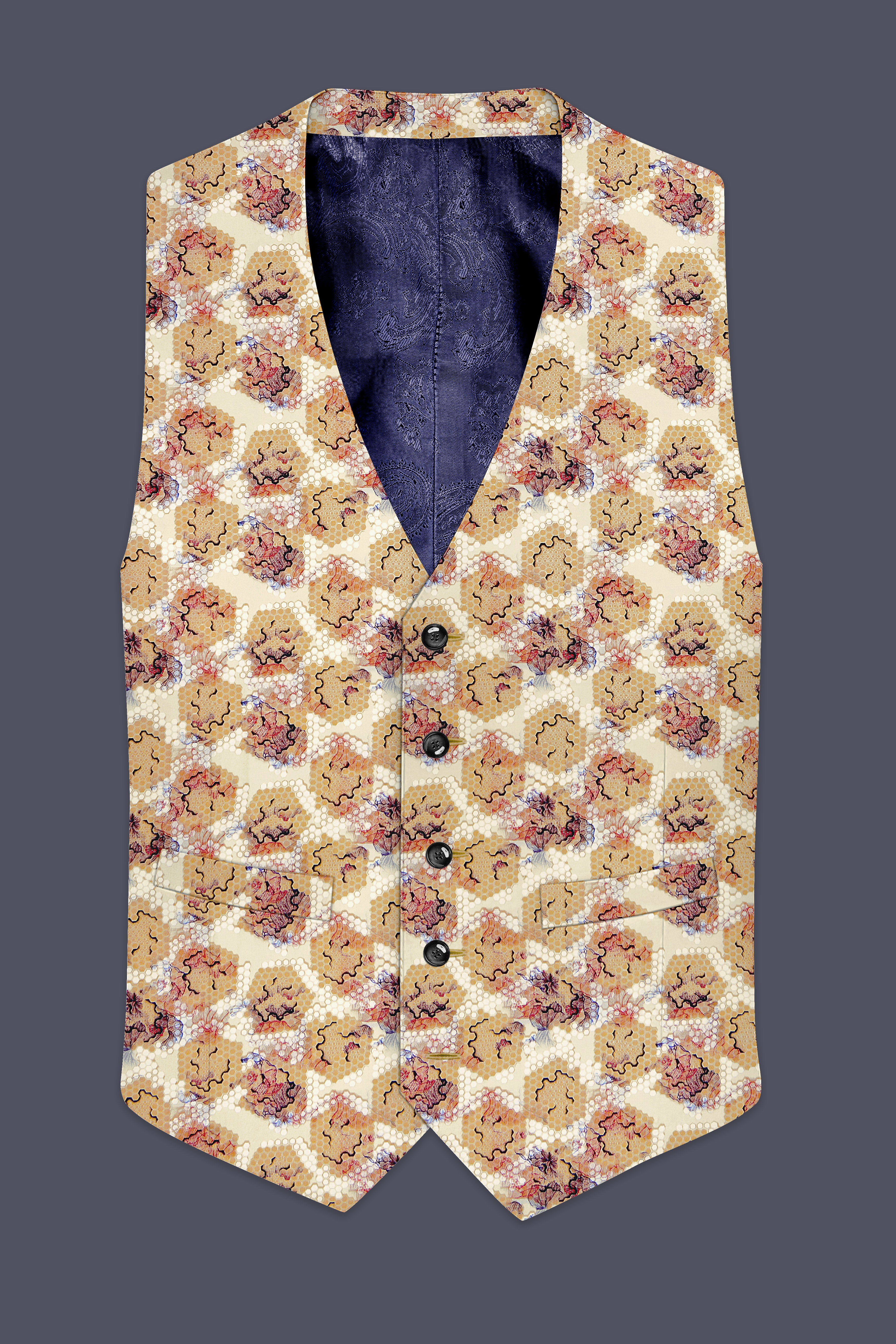 Cream Honeycomb Printed Premium Designer Waistcoat