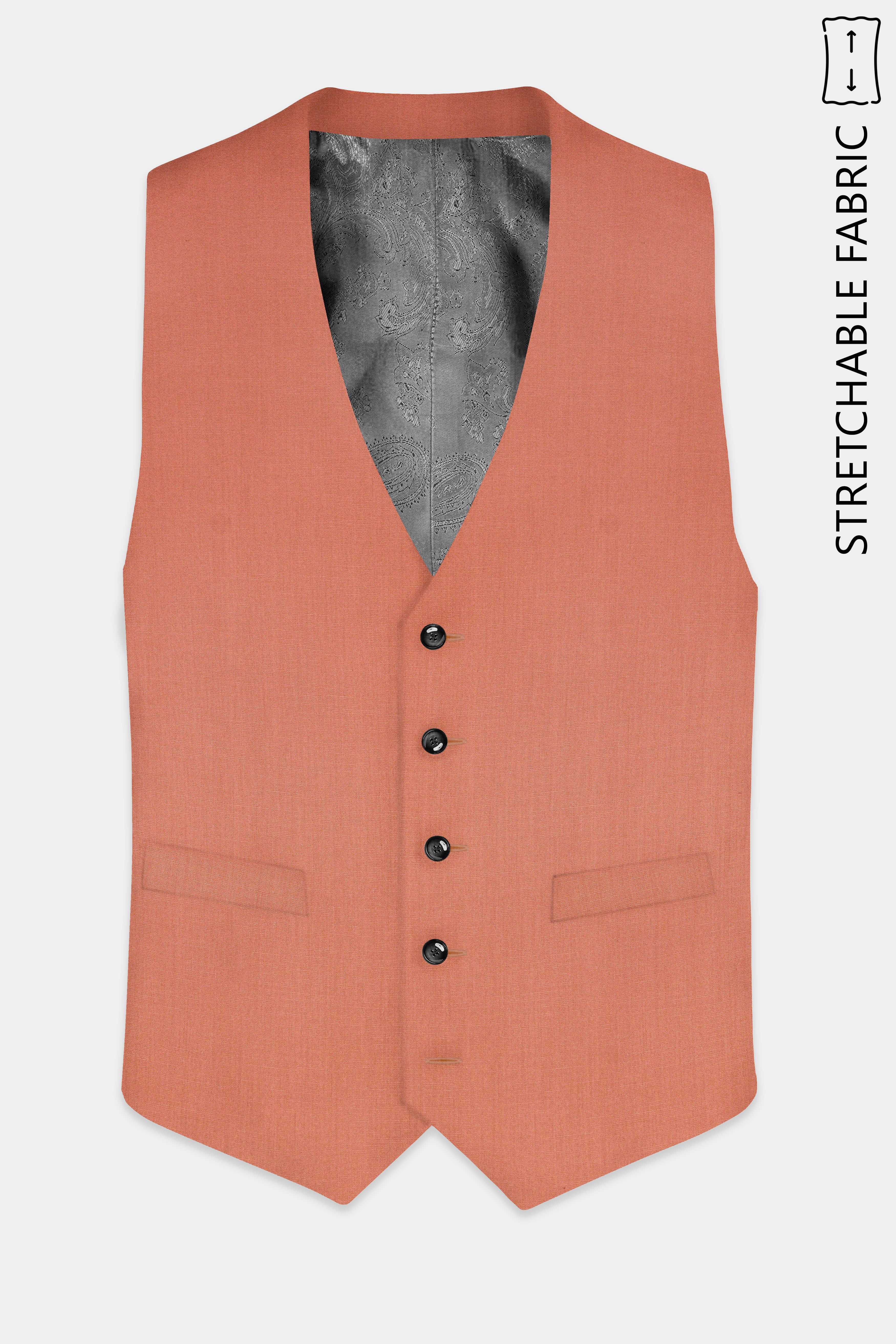 Spiced Sunset-Salmon Orange Solid Wool Rich Slight Stretch Waistcoat