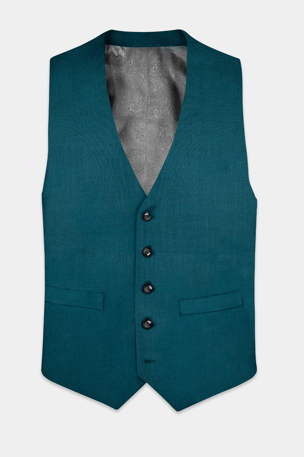 Sapphire-Peacock Blue Solid Wool Rich Slight Stretch Waistcoat