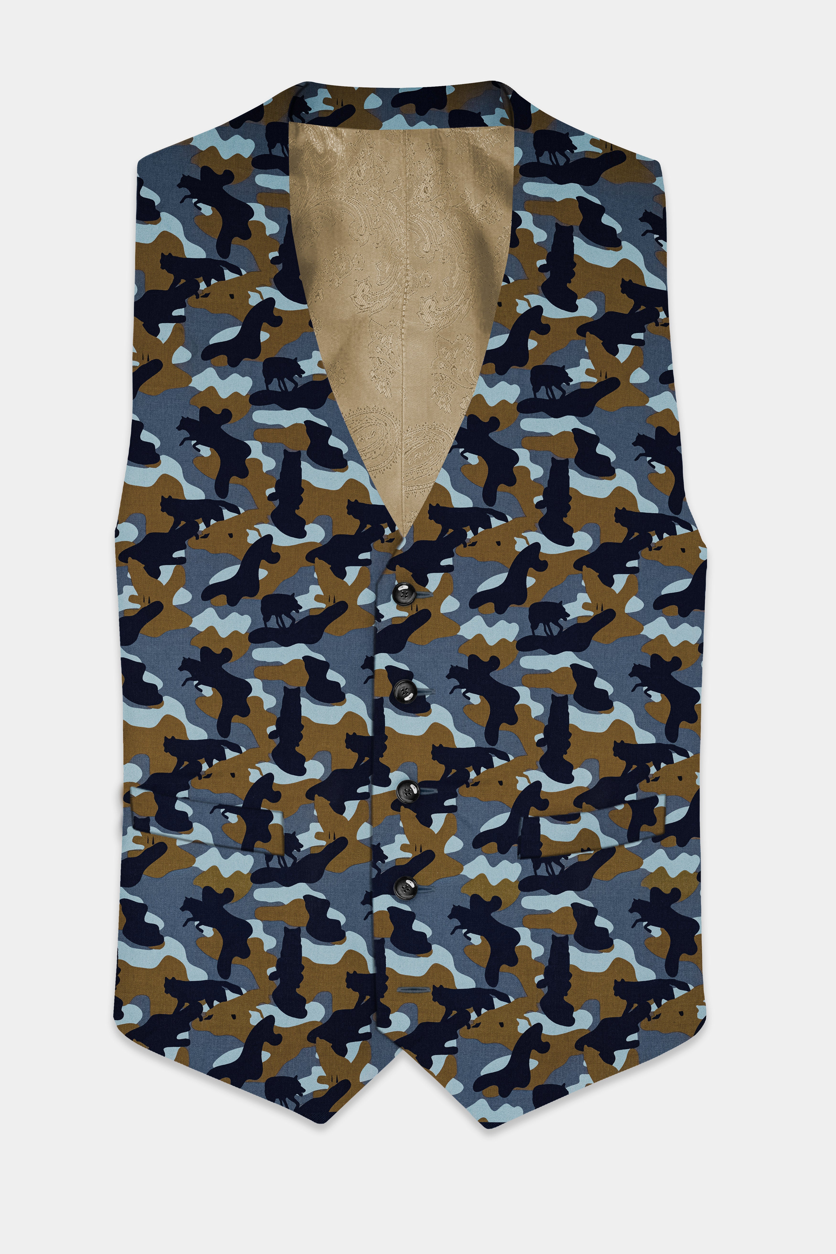 Martinique Blue And Irish Brown Camouflage Printed Waistcoat