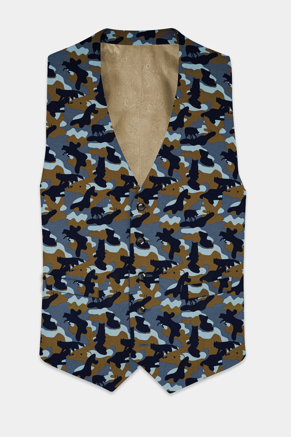 Martinique Blue And Irish Brown Camouflage Printed Waistcoat