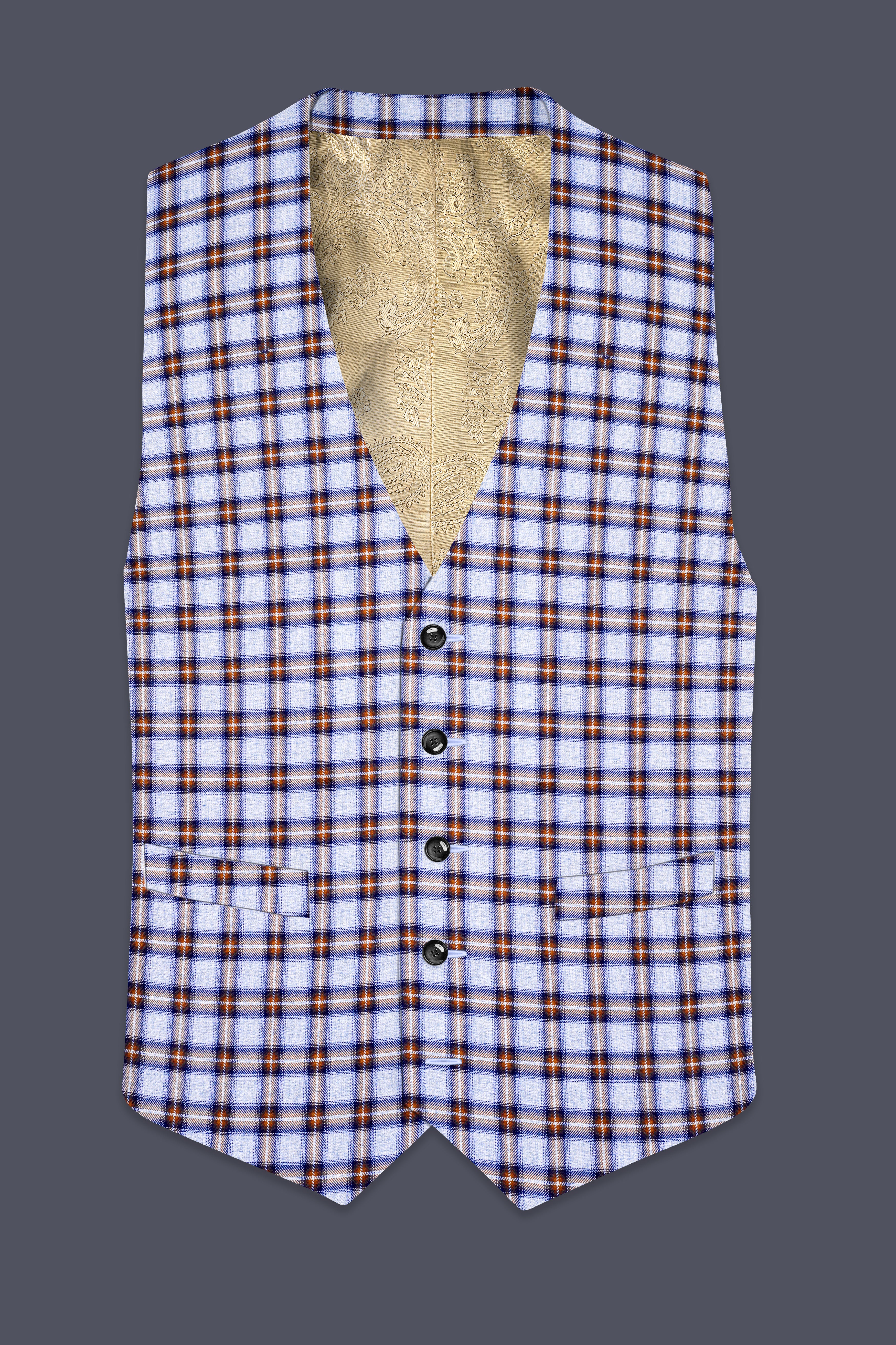 Castaire-Chateau Blue with Cocoa Brown Plaid Wool Rich Waistcoat