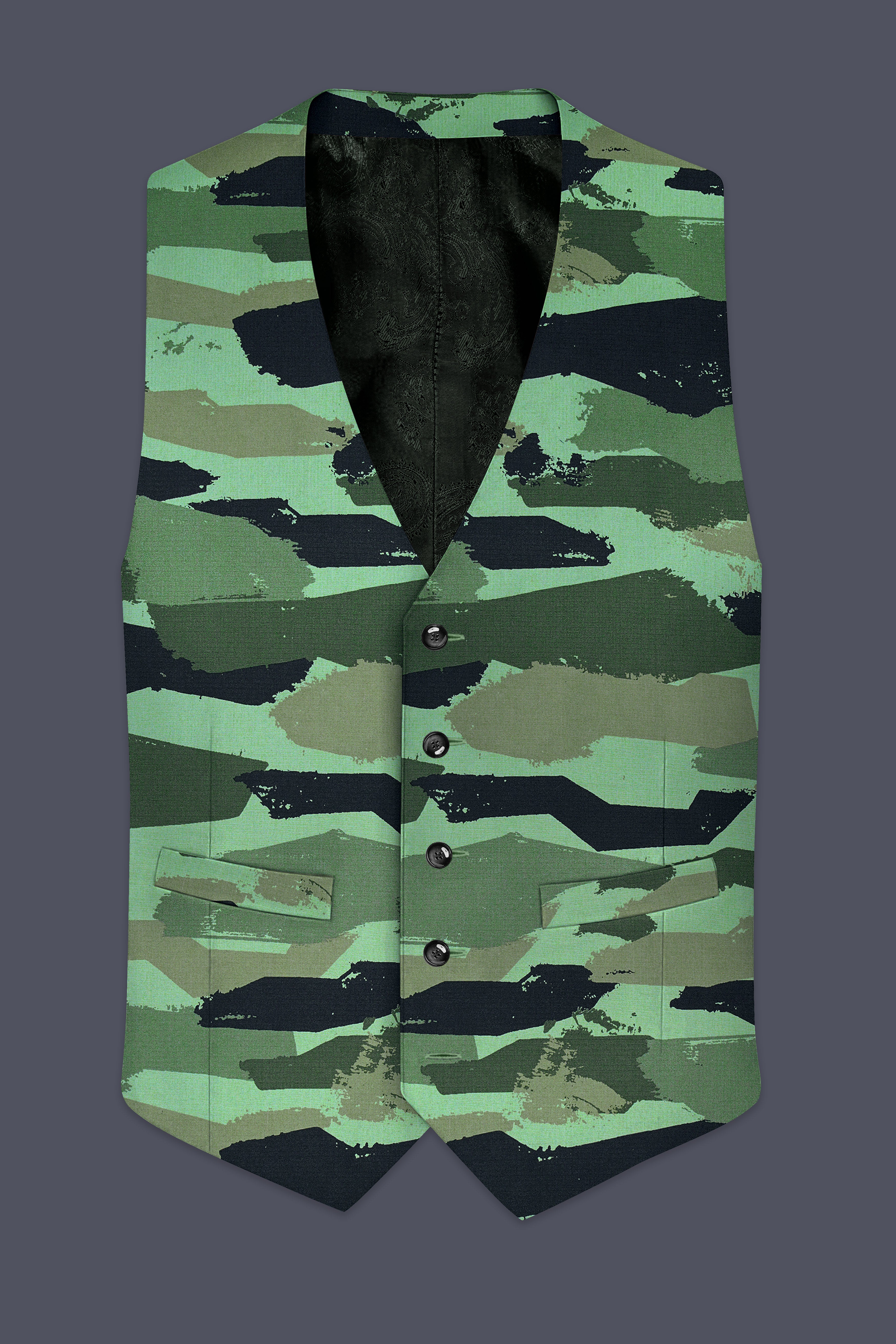 Verdvoro-Pale Green And Firefly Blue Camouflage Printed Premium Cotton Waistcoat