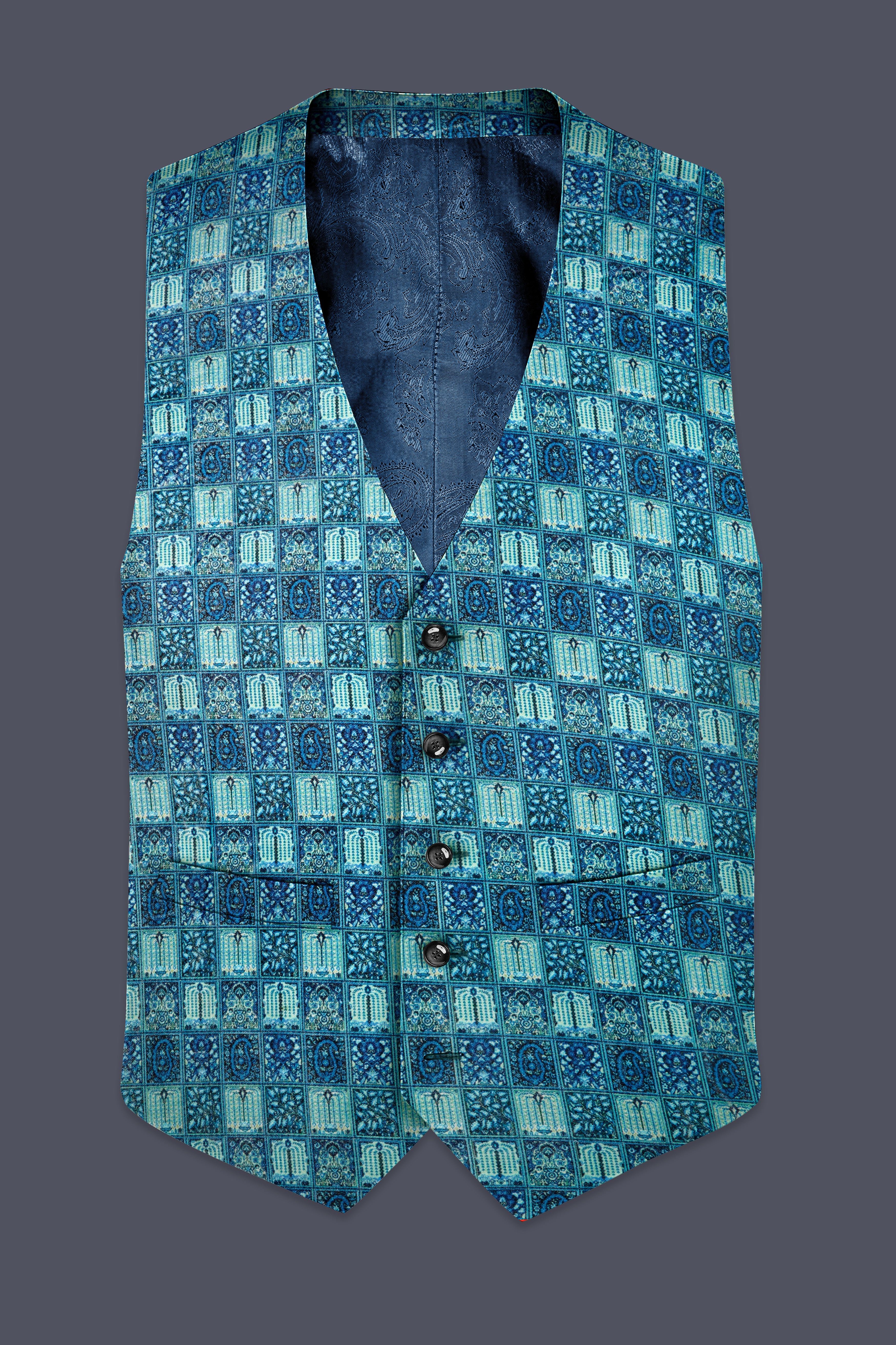 Mosaivoro-Caribbean Blue Geometric Mosaic Printed Velvet Waistcoat