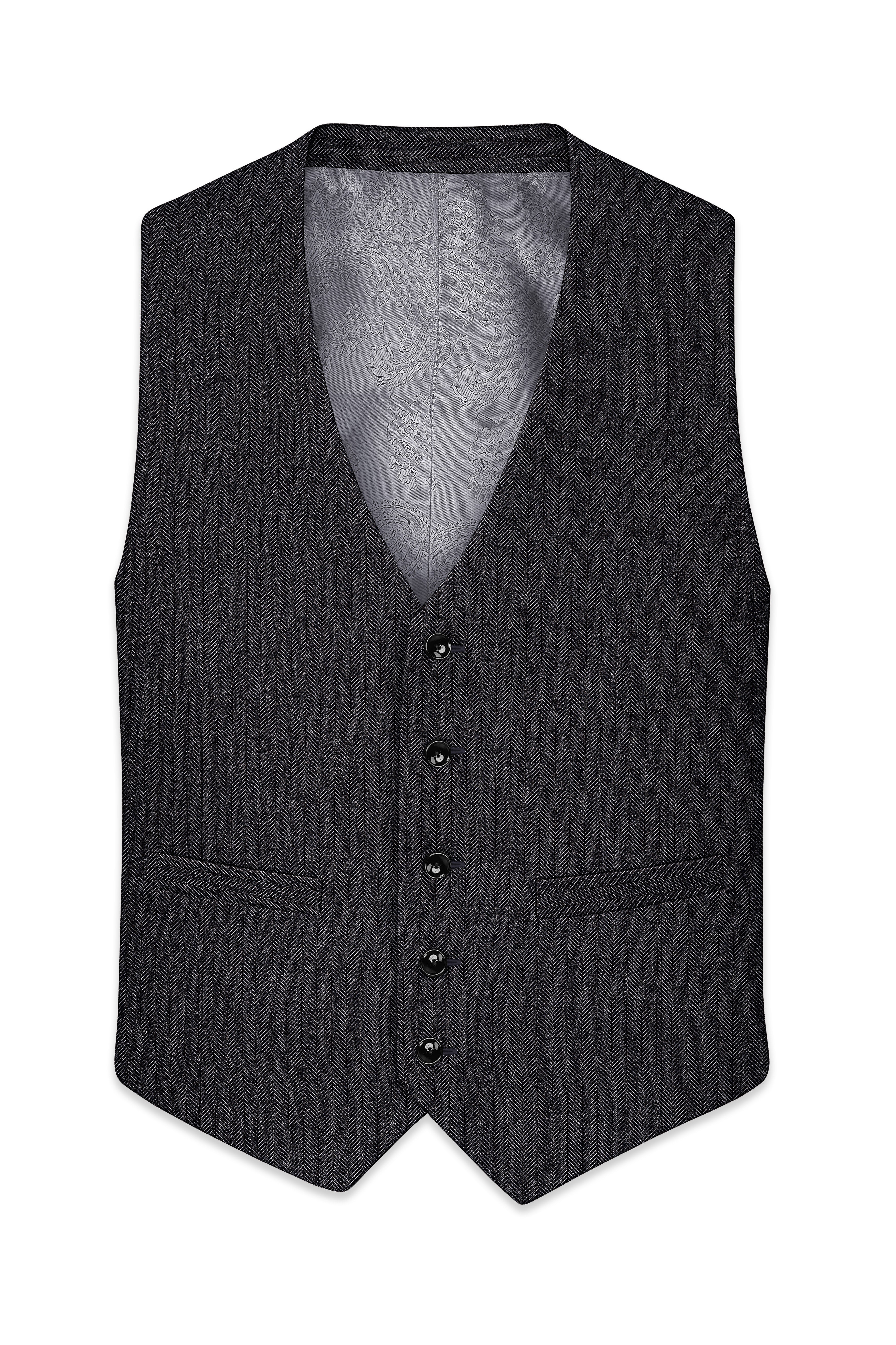 Imperion-Charcoal Gray Herringbone Textured Tweed Waistcoat