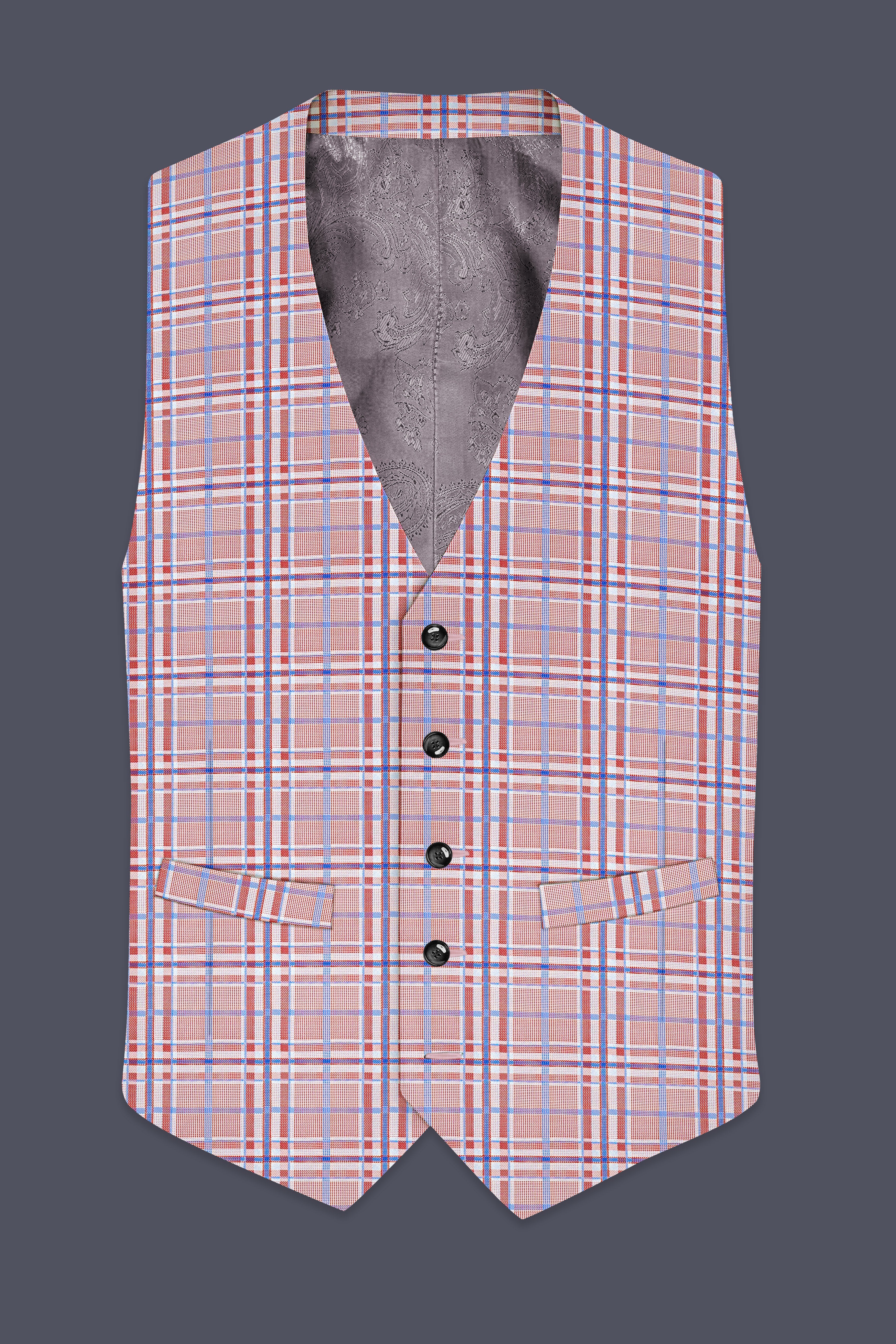 Velour-Turkish Rose Pink And Wild Blue Plaid Wool Rich Waistcoat