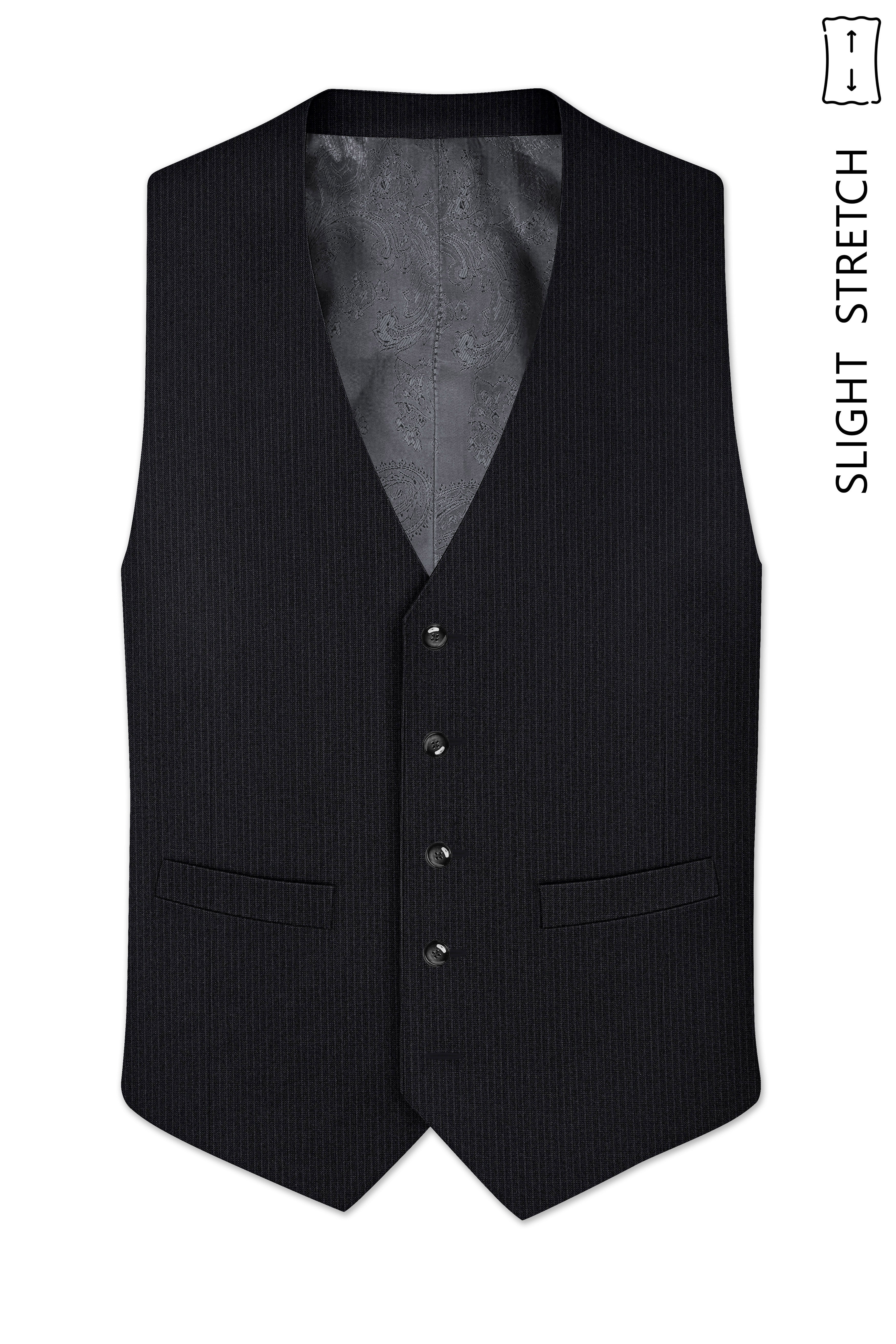 Noir-Jade Black Pencil Striped Wool Rich Slight Stretch Waistcoat