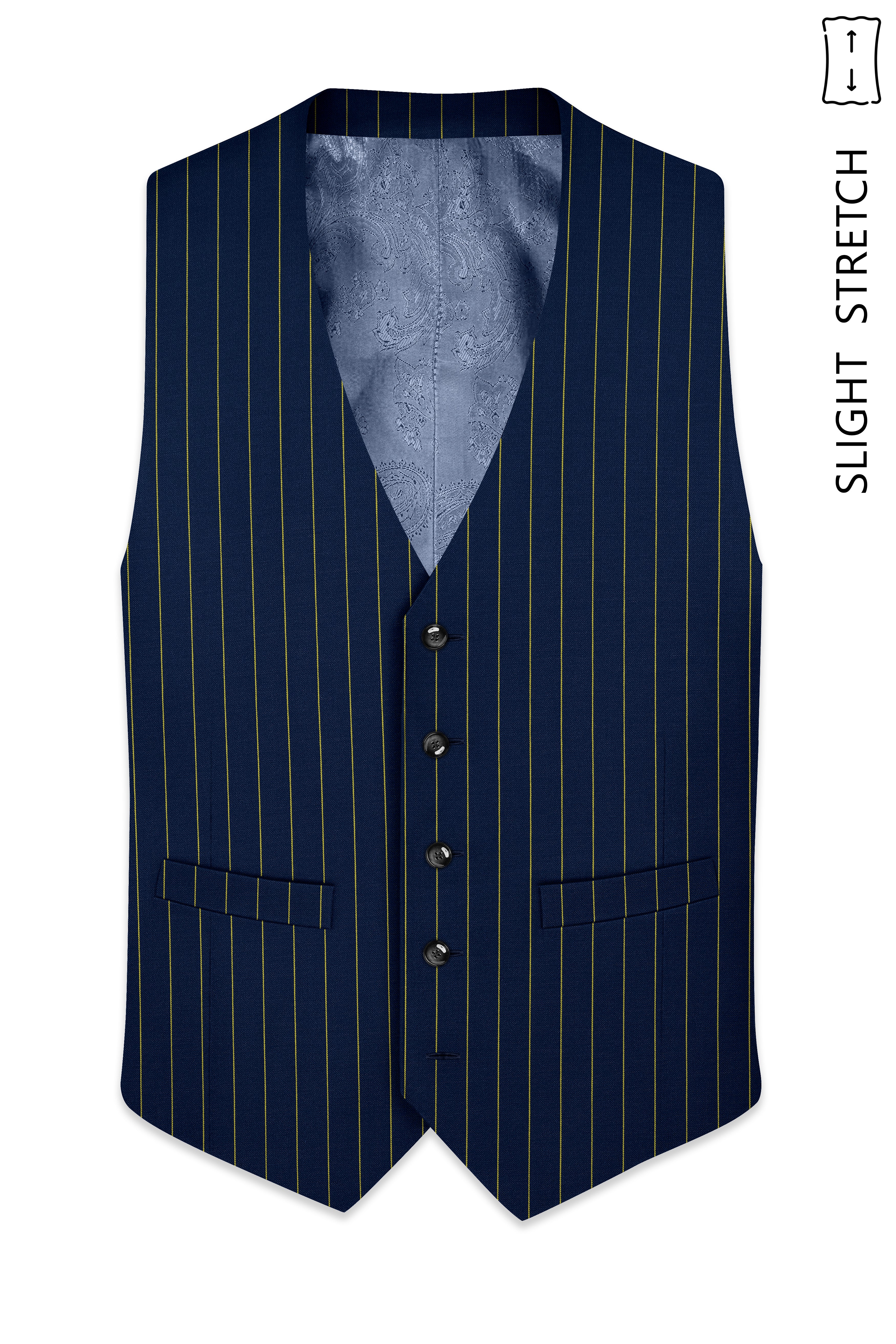 Aurum-Midnight Blue And Harvest Yellow Chalk Striped Wool Rich Slight Stretch Waistcoat