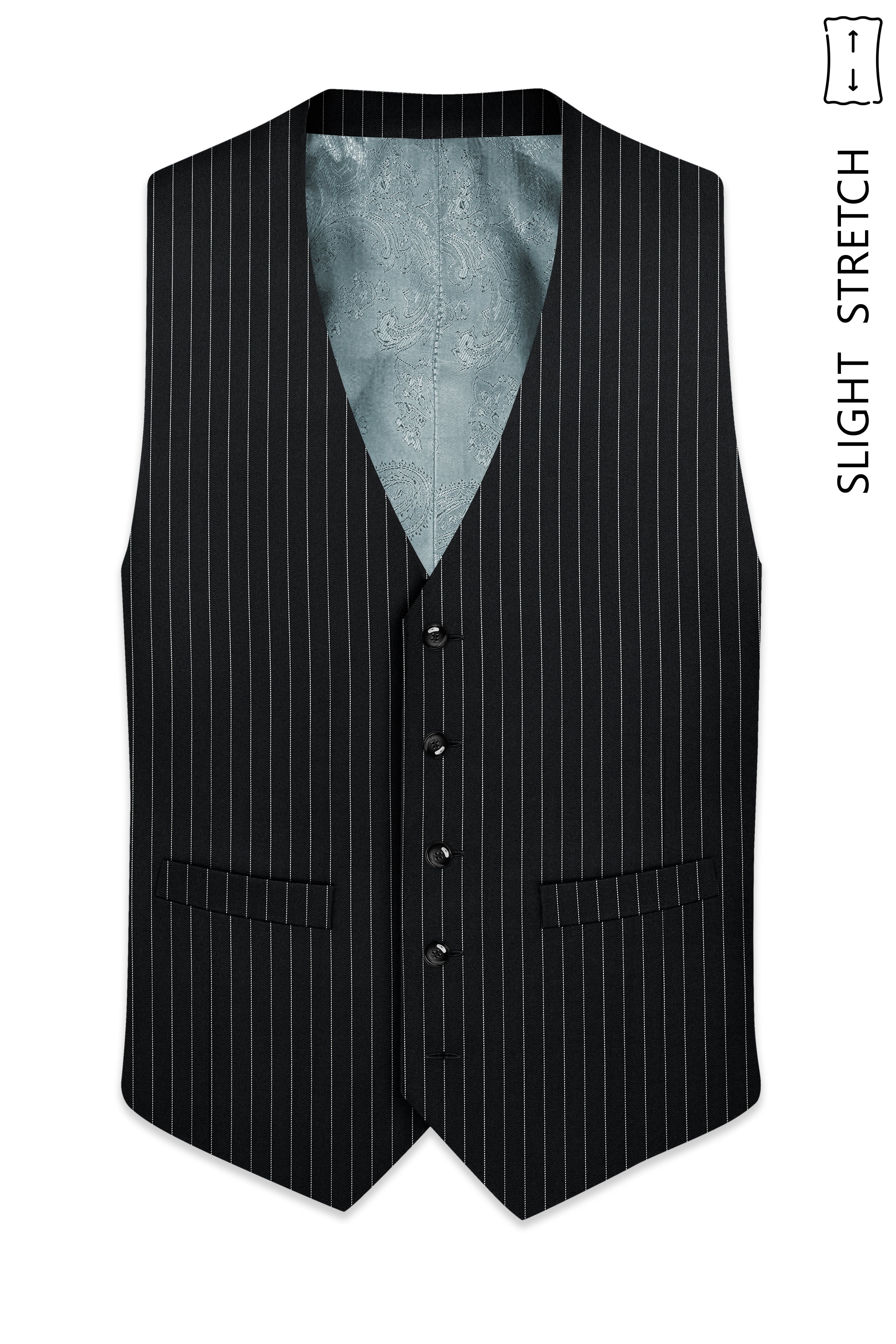 Strivon-Jade Black And Bright White Chalk Striped Wool Rich Slight Stretch Waistcoat
