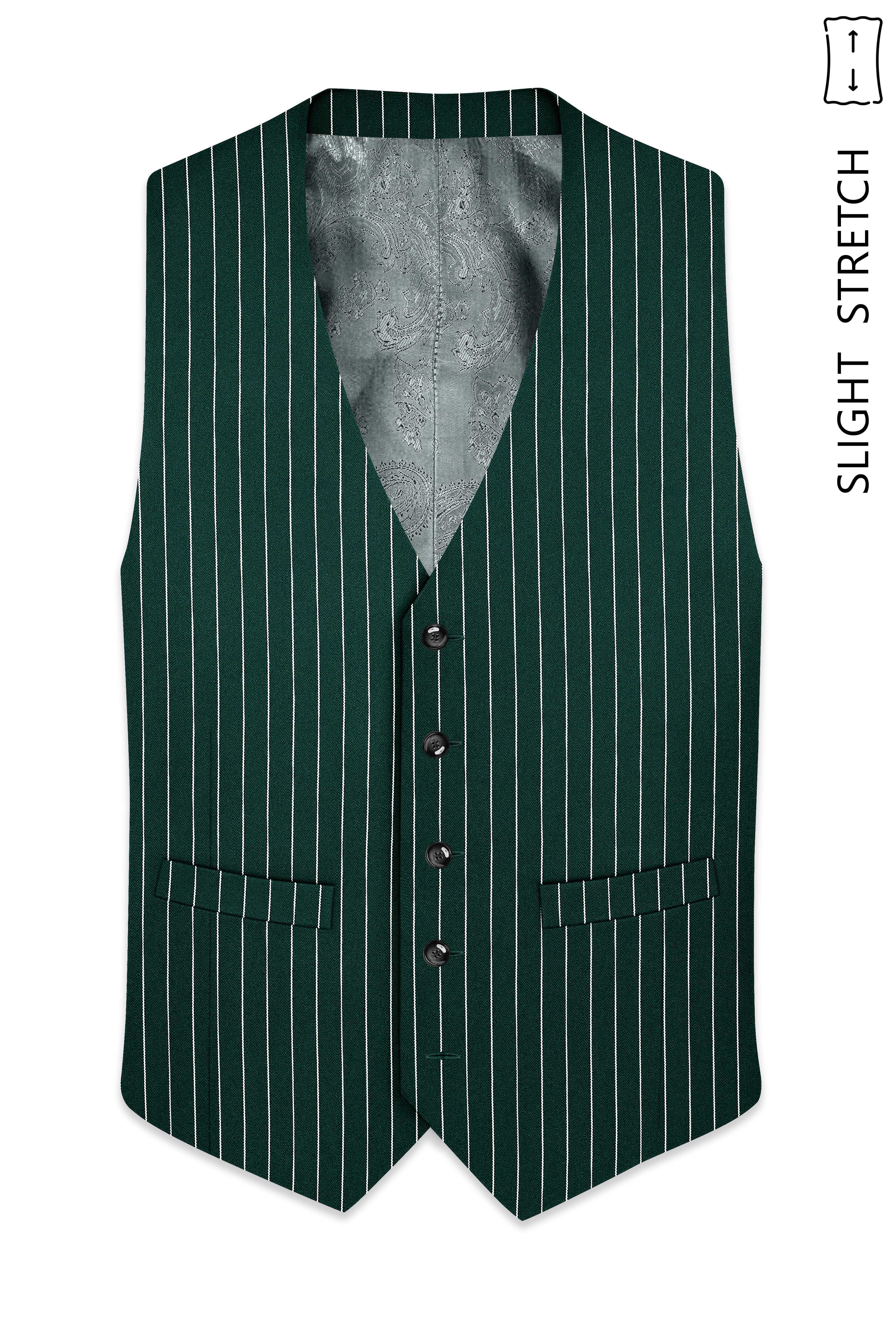 Arbor-Timber Green Herringbone Striped Wool Rich Slight Stretch Waistcoat