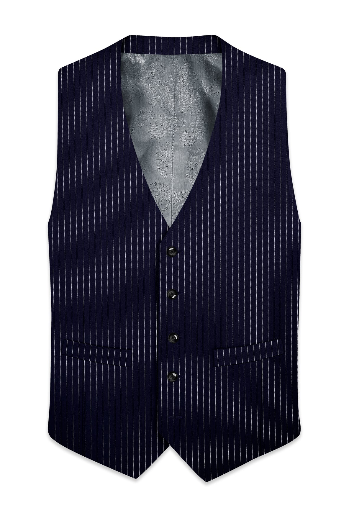 Mariner-Denim Blue And Bright White Chalk Striped Wool Rich Wrinkle-Free Fluid Drape Fabric Waistcoat
