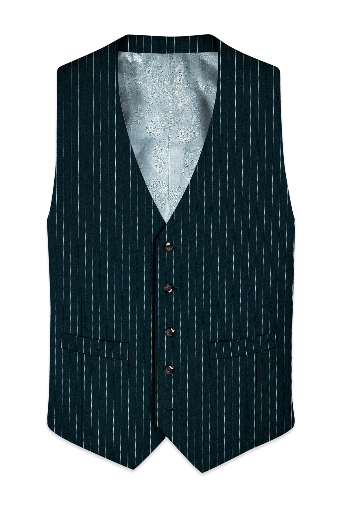 Zenith-Imperial Teal And Bright White Chalk Striped Wool Rich Wrinkle-Free Fluid Drape Fabric Waistcoat
