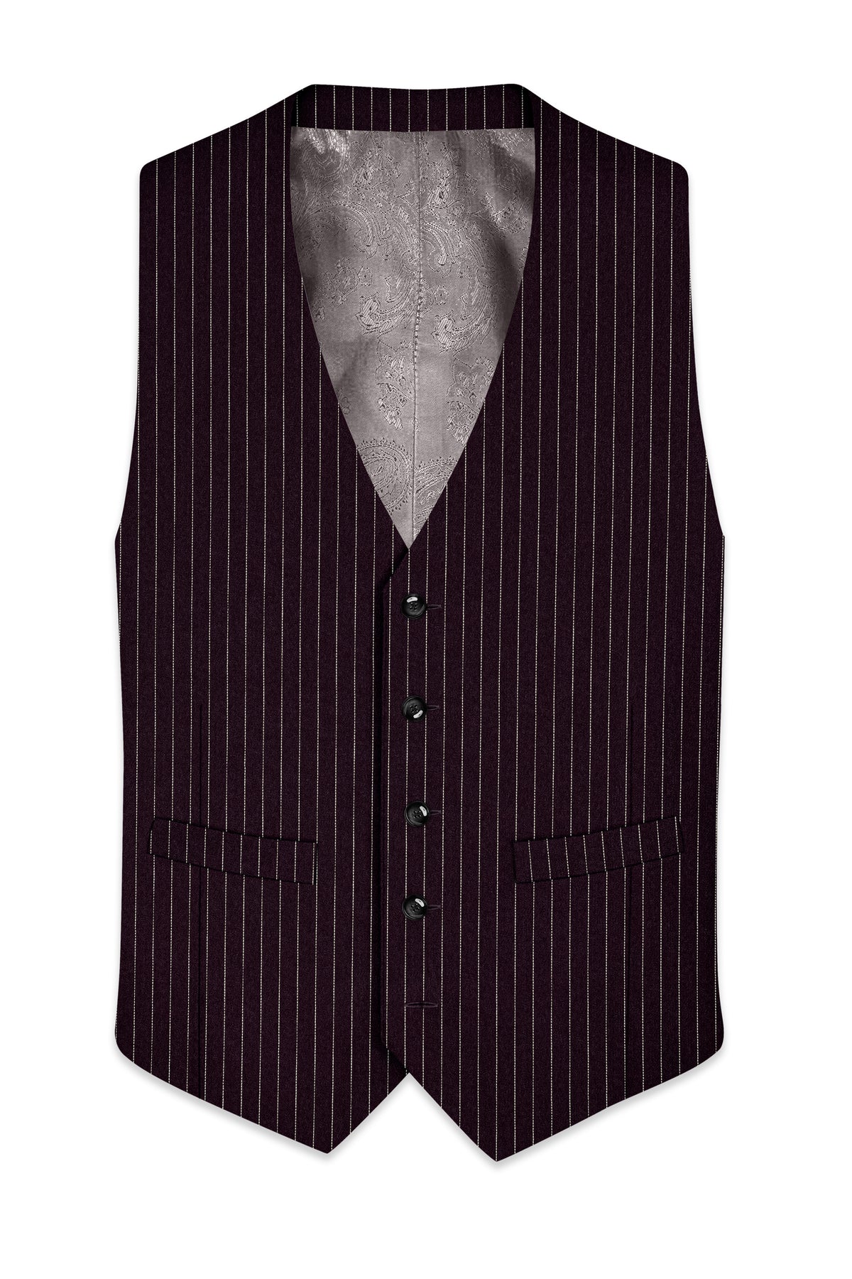 Vesper-Gondola Maroon Chalk Striped Wool Rich Wrinkle-Free Fluid Drape Fabric Waistcoat