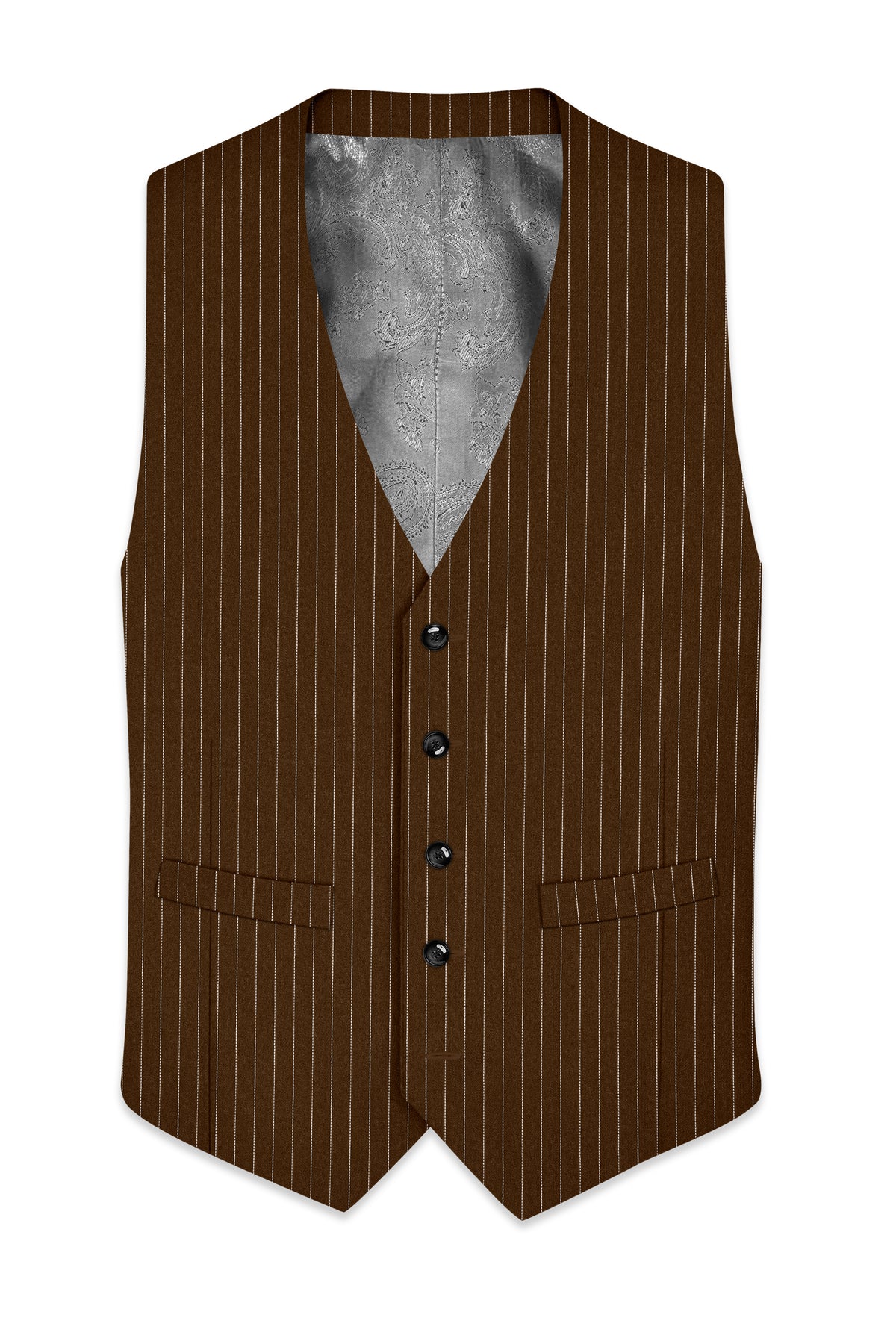 Everton-Clinker Brown Chalk Striped Wool Rich Wrinkle-Free Fluid Drape Fabric Waistcoat