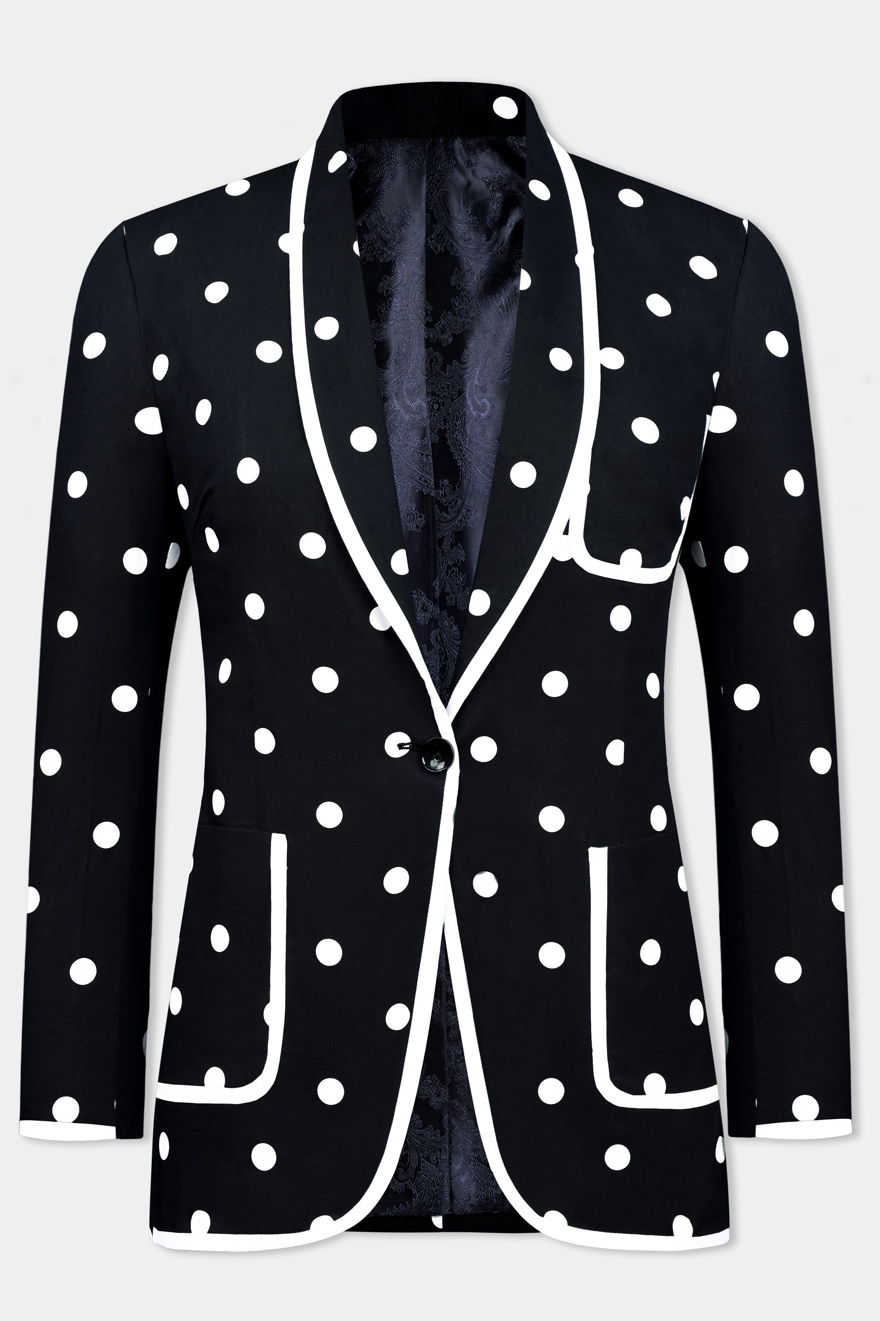 Jade Black and Bright White Polka Dots With White Piping Work Premium Cotton Women’s Designer Blazer
