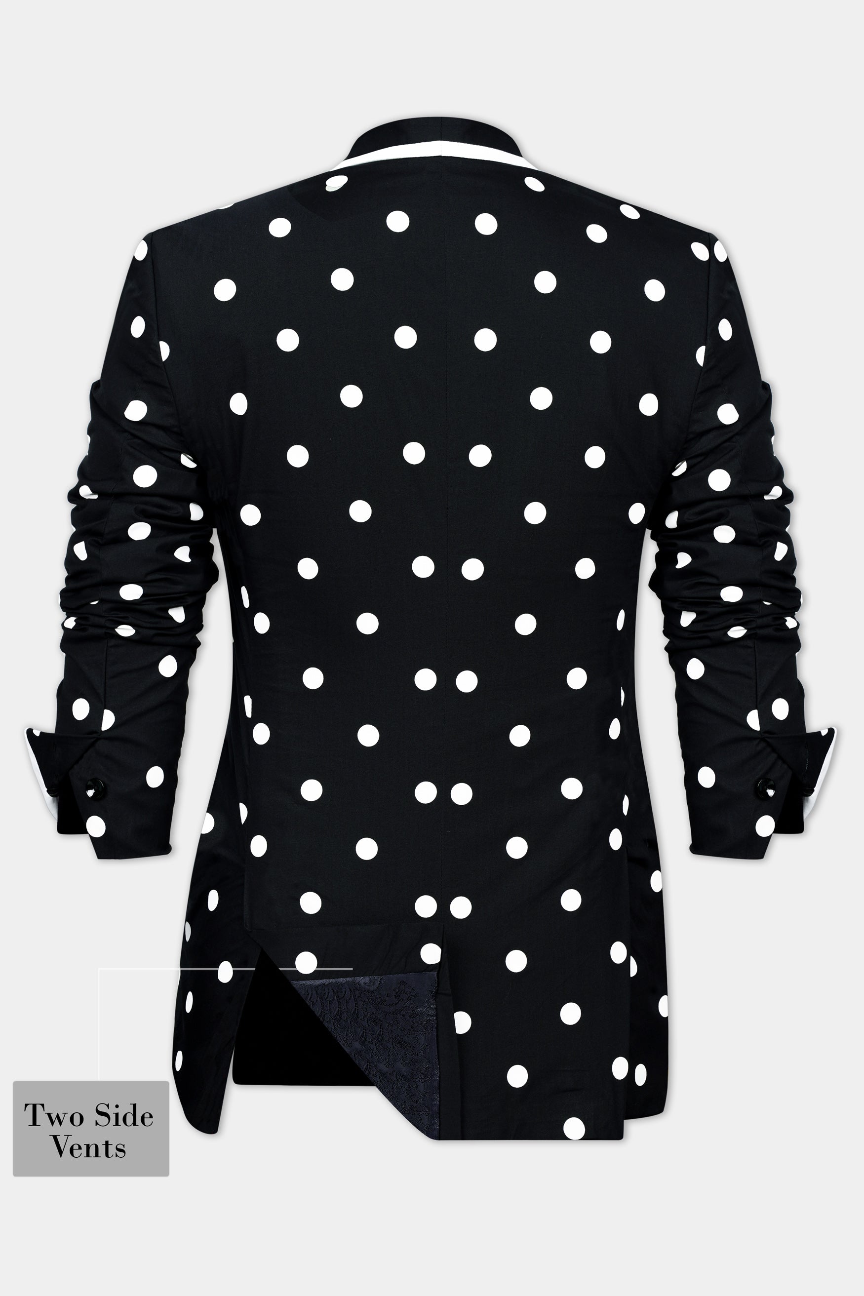 Jade Black and Bright White Polka Dots With White Piping Work Premium Cotton Women’s Designer Blazer