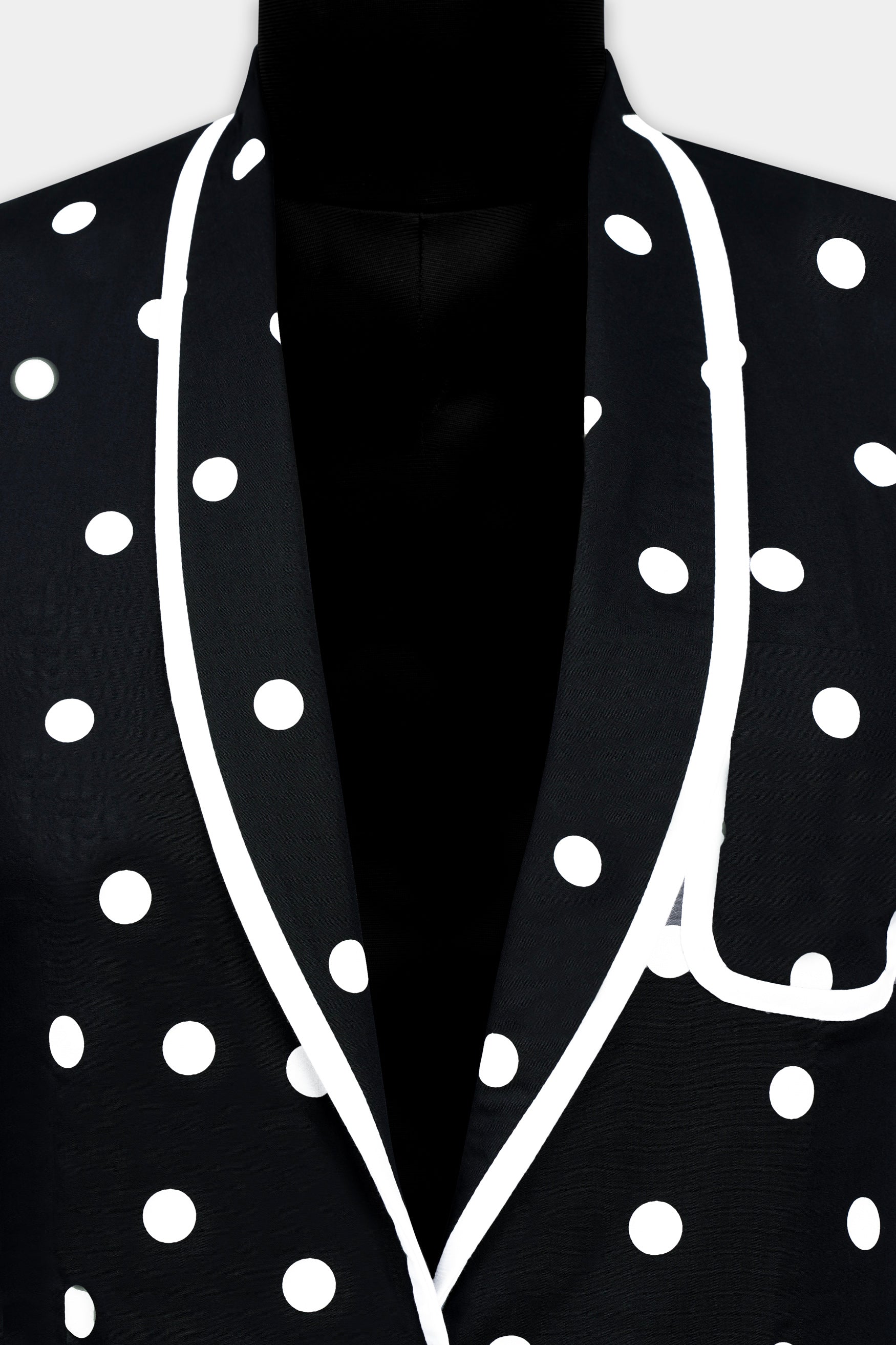 Jade Black and Bright White Polka Dots With White Piping Work Premium Cotton Women’s Designer Blazer
