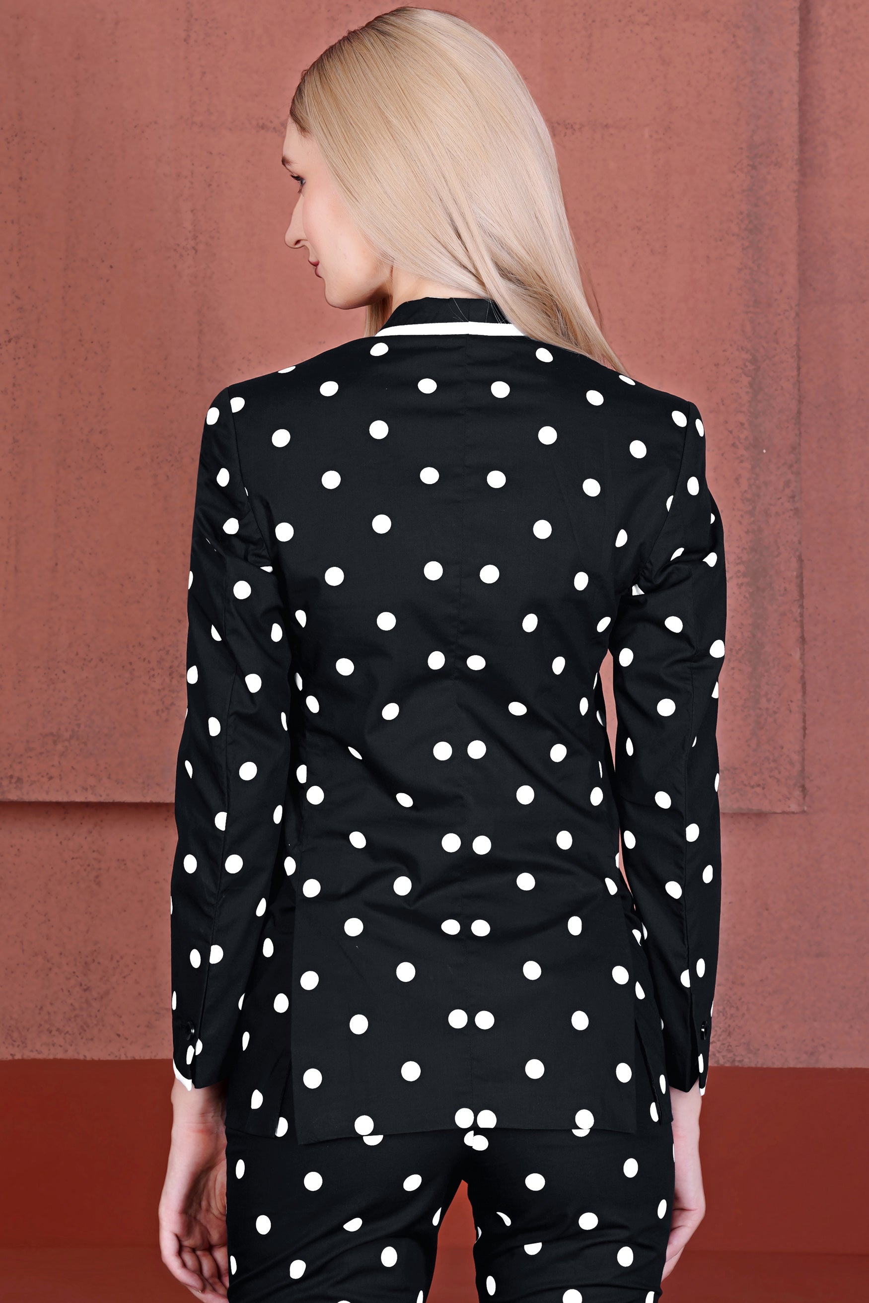 Jade Black and Bright White Polka Dots With White Piping Work Premium Cotton Women’s Designer Blazer