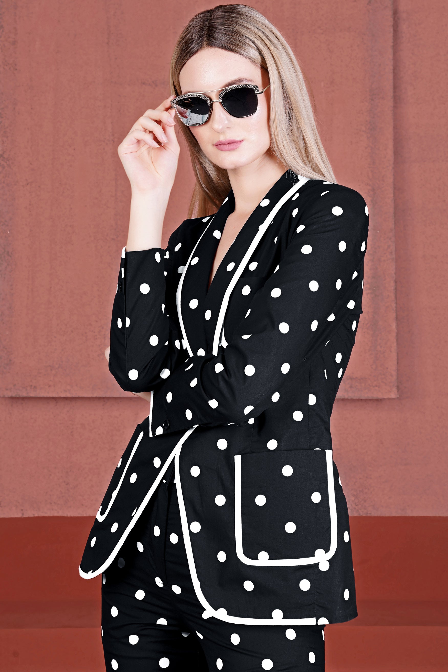 Jade Black and Bright White Polka Dots With White Piping Work Premium Cotton Women’s Designer Blazer