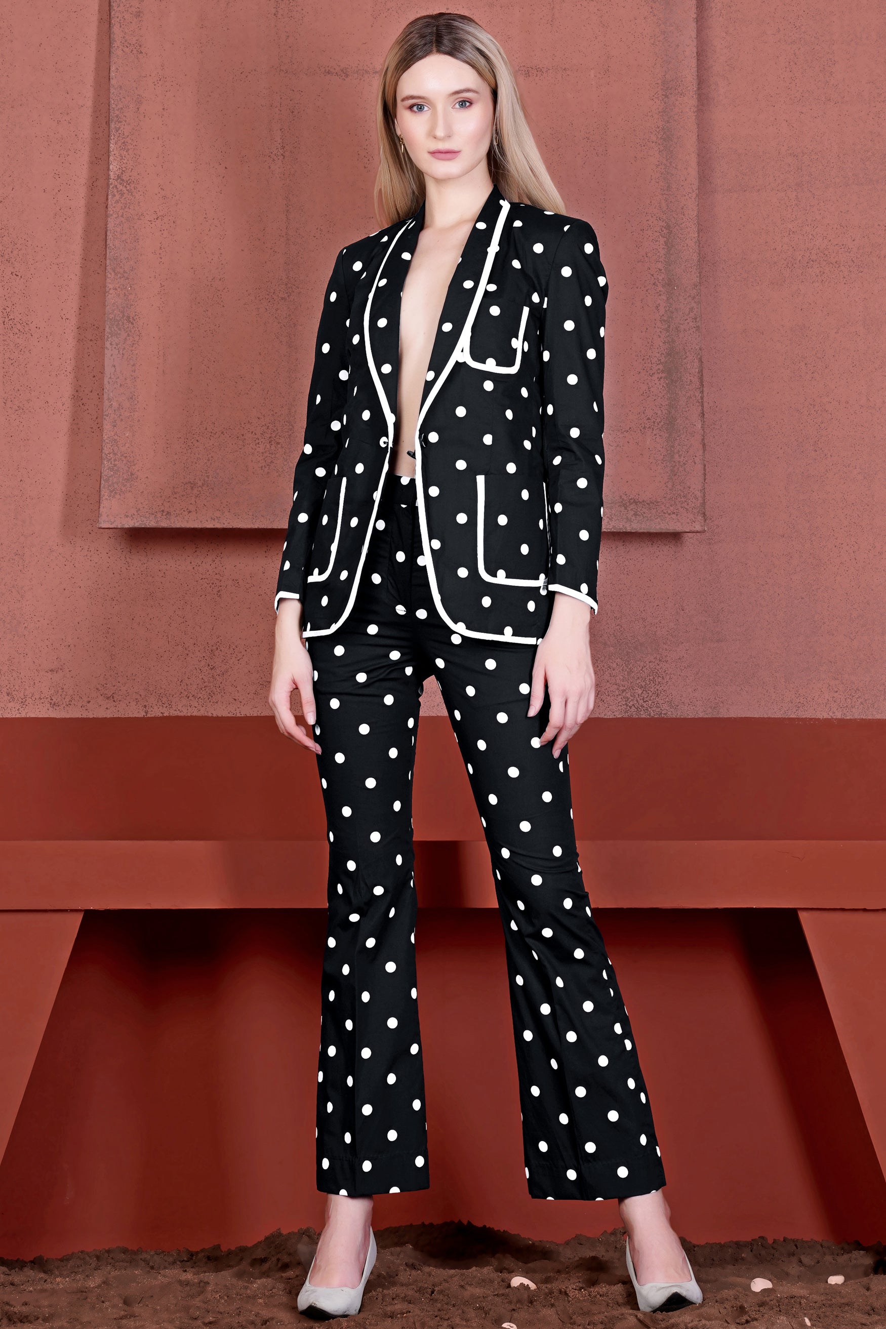 Jade Black and Bright White Polka Dots With White Piping Work Premium Cotton Women’s Designer Blazer
