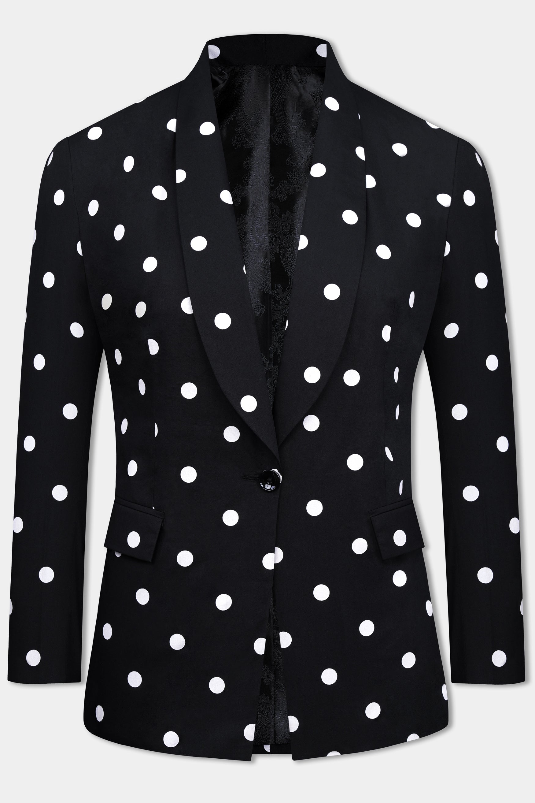 Jade Black and Bright White Polka Dots Premium Cotton Women’s Tuxedo Blazer