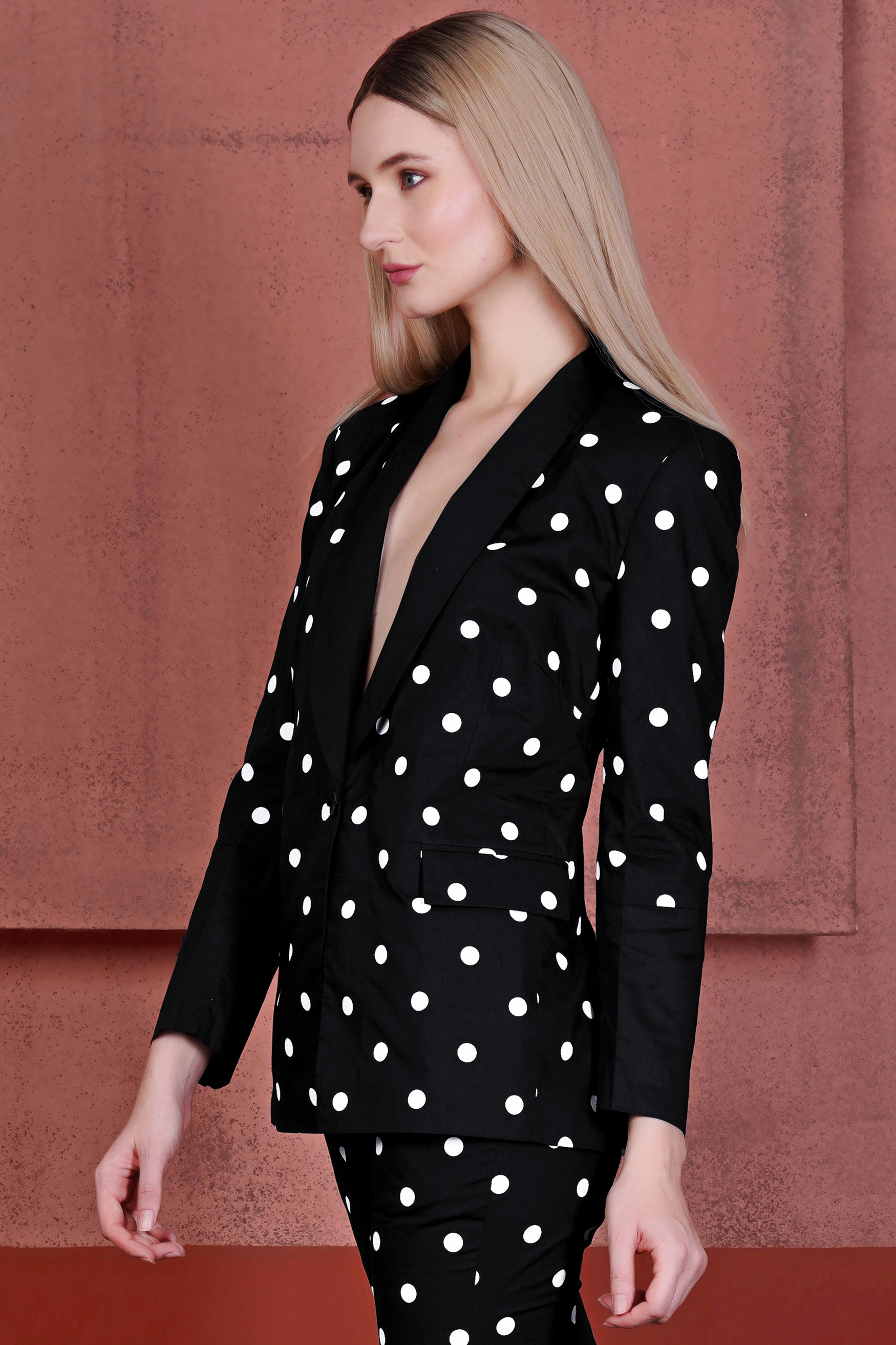 Jade Black and White Polka Dots Premium Cotton Women’s Tuxedo Blazer