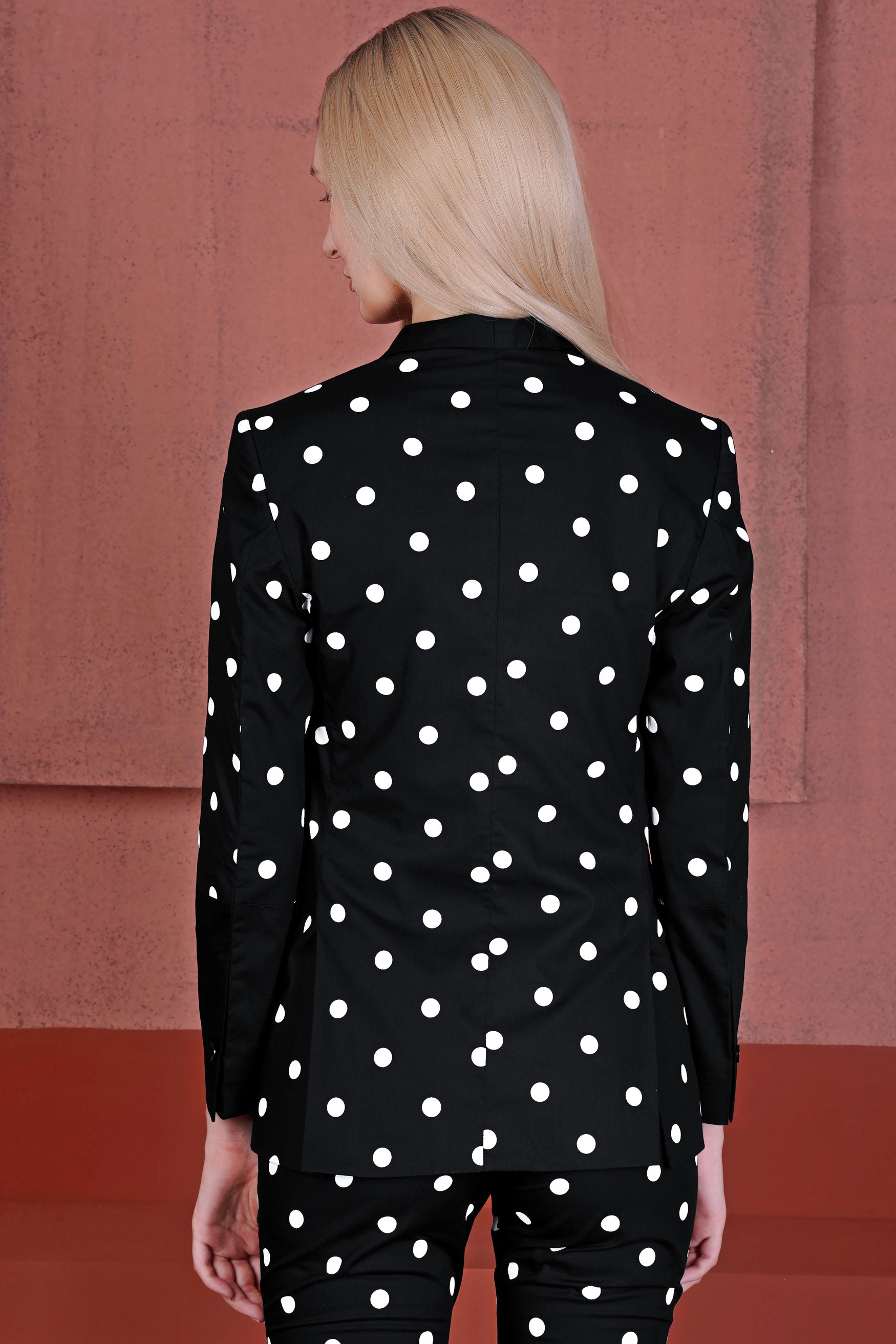 Jade Black and White Polka Dots Premium Cotton Women’s Tuxedo Blazer
