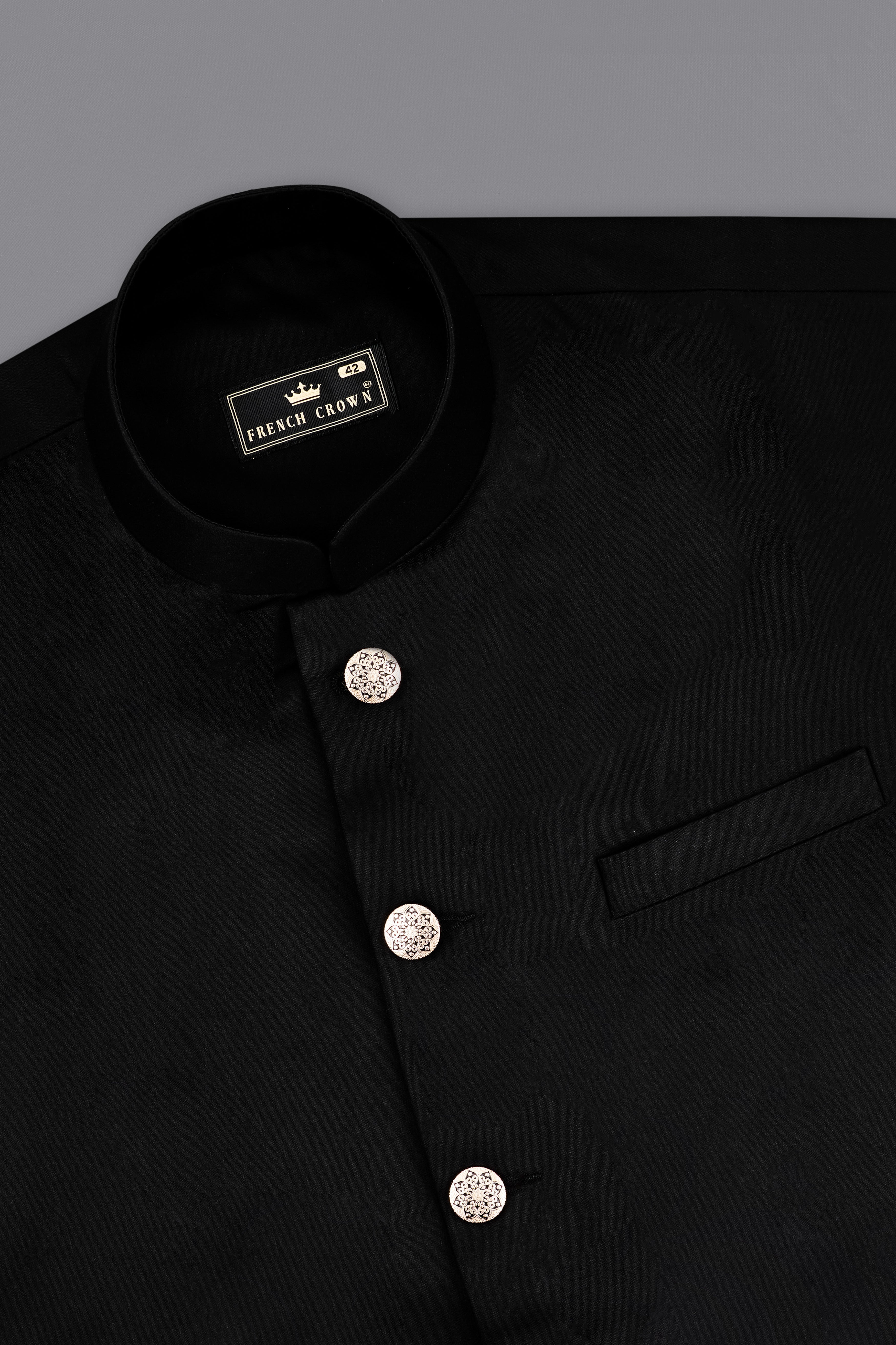 Jade Black Stretchable Subtle Sheen Wool Blend Nehru jacket