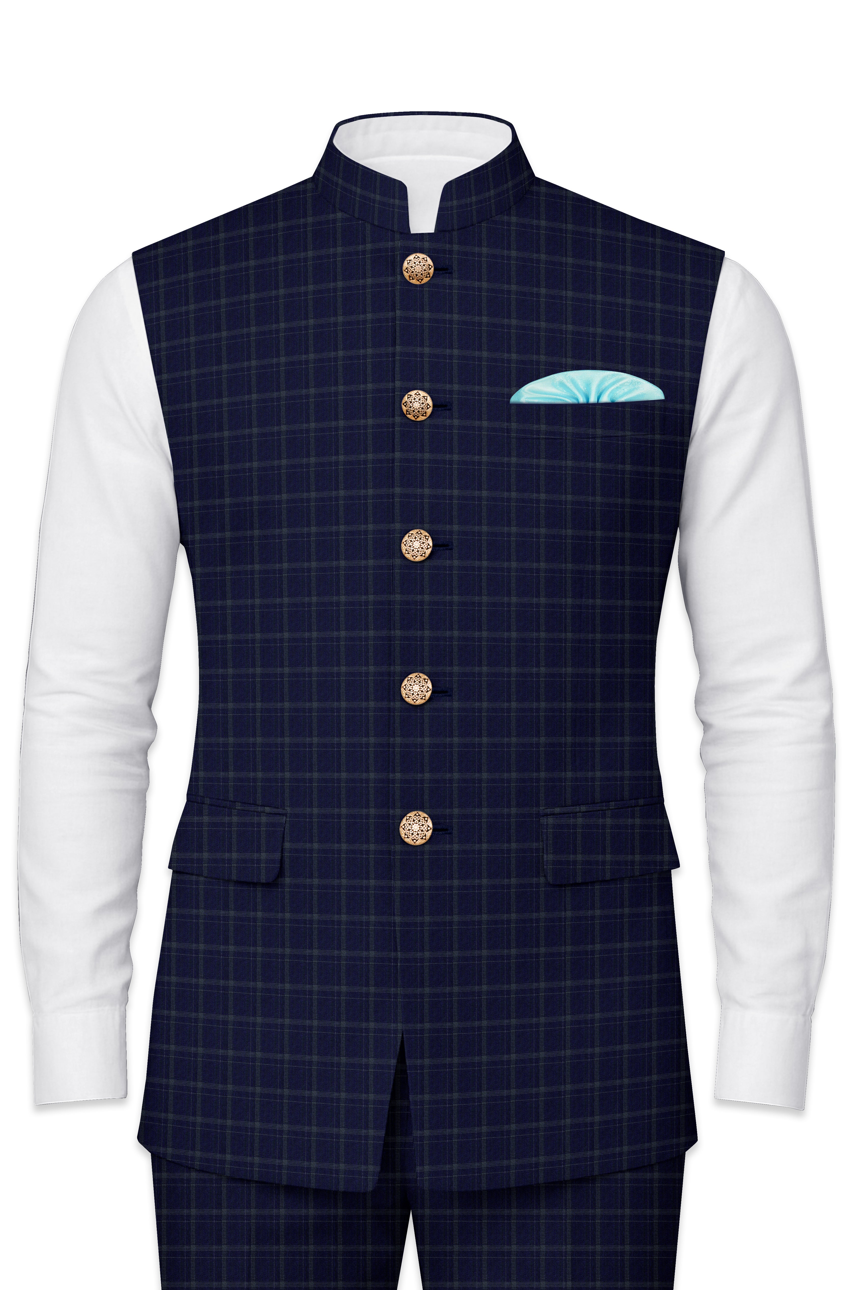 Mulled Wine Blue With Casper Gray Checkered Nehru Jacket