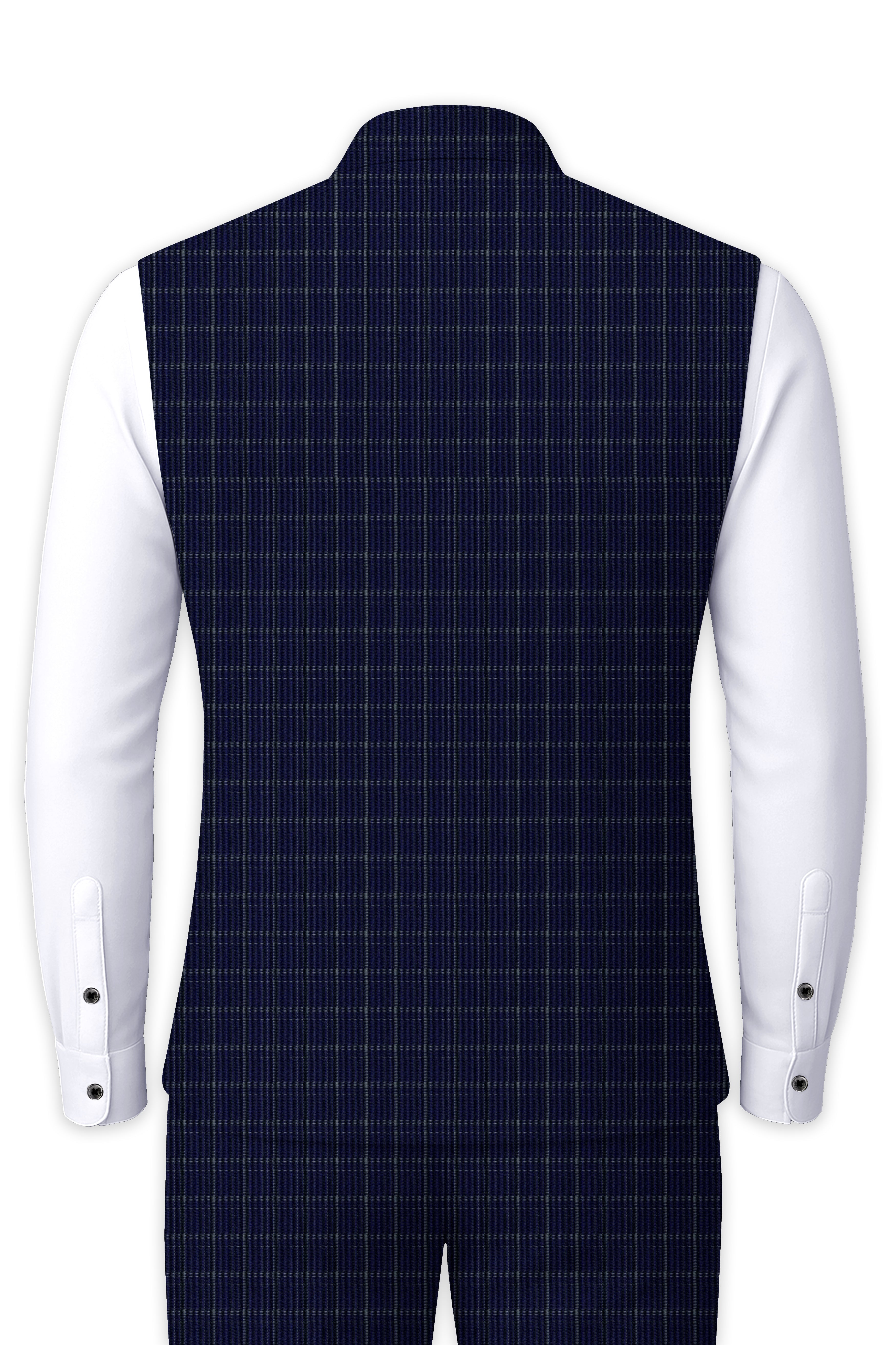 Mulled Wine Blue With Casper Gray Checkered Nehru Jacket