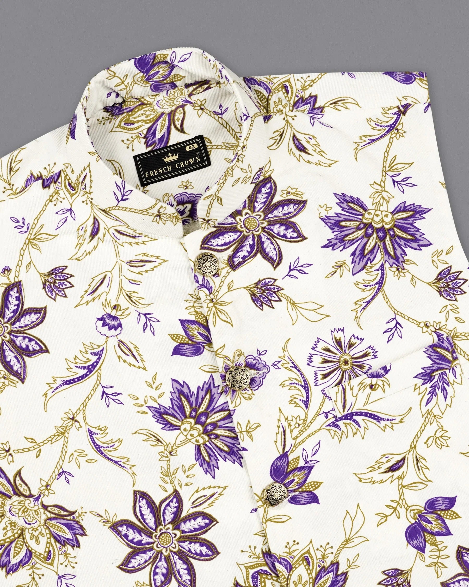 Desert Storm Cream with Eminence Blue Leaves Printed Premium Cotton Nehru Jacket