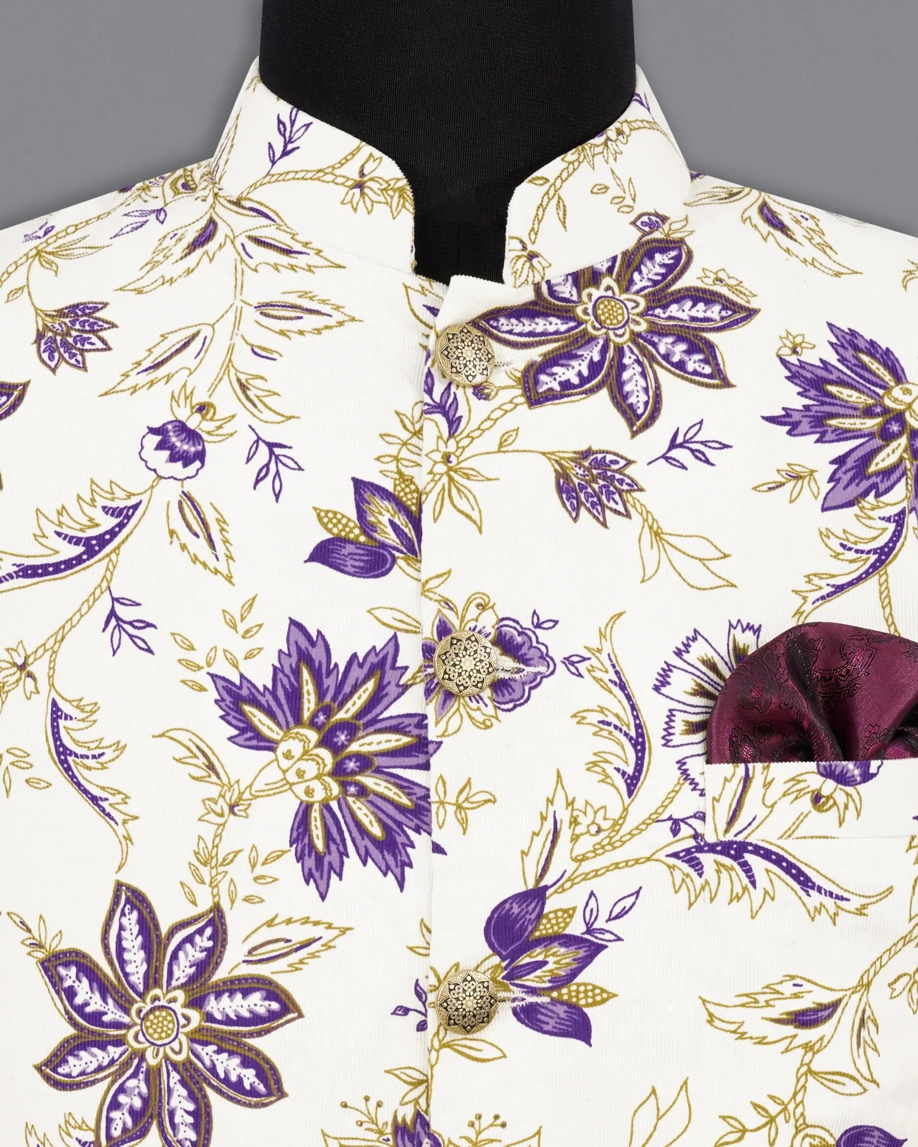 Desert Storm Cream with Eminence Blue Leaves Printed Premium Cotton Nehru Jacket