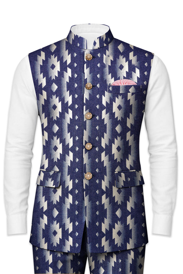 Gunmetal Blue with Nobel Cream Iktat Printed Premium Cotton Nehru Jacket