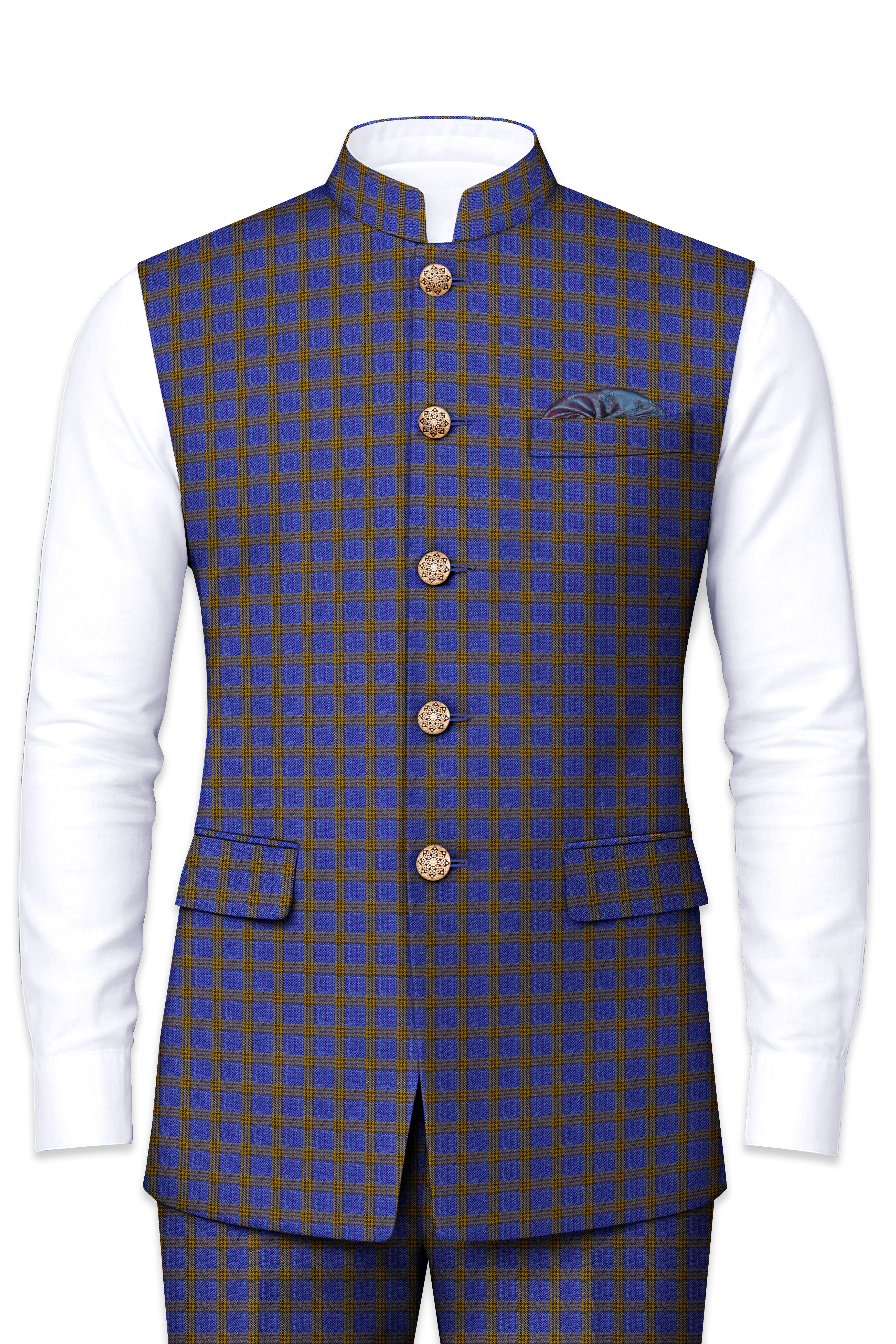 Twilight Blue with Alpine Brown Plaid Nehru Jacket