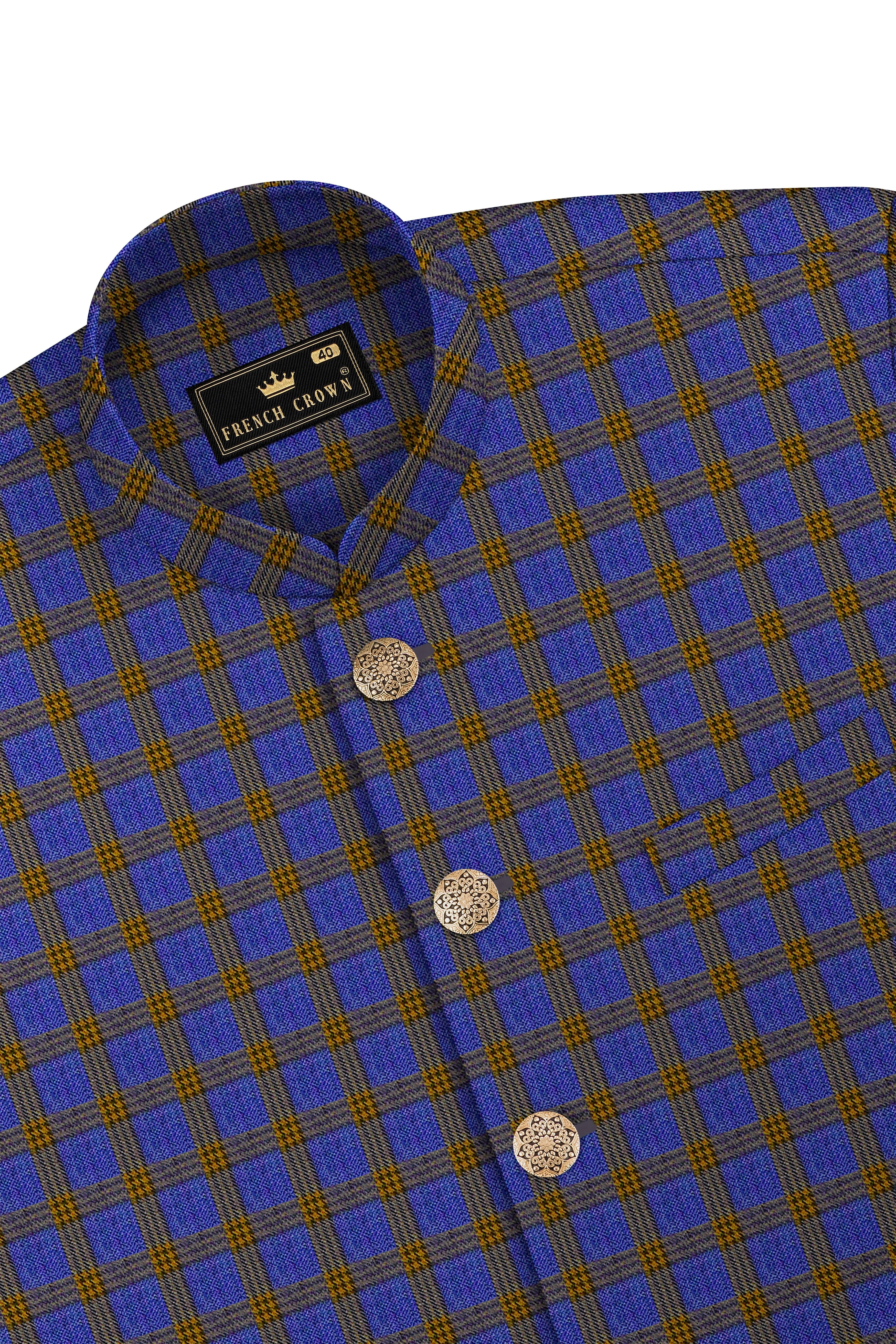 Twilight Blue with Alpine Brown Plaid Nehru Jacket