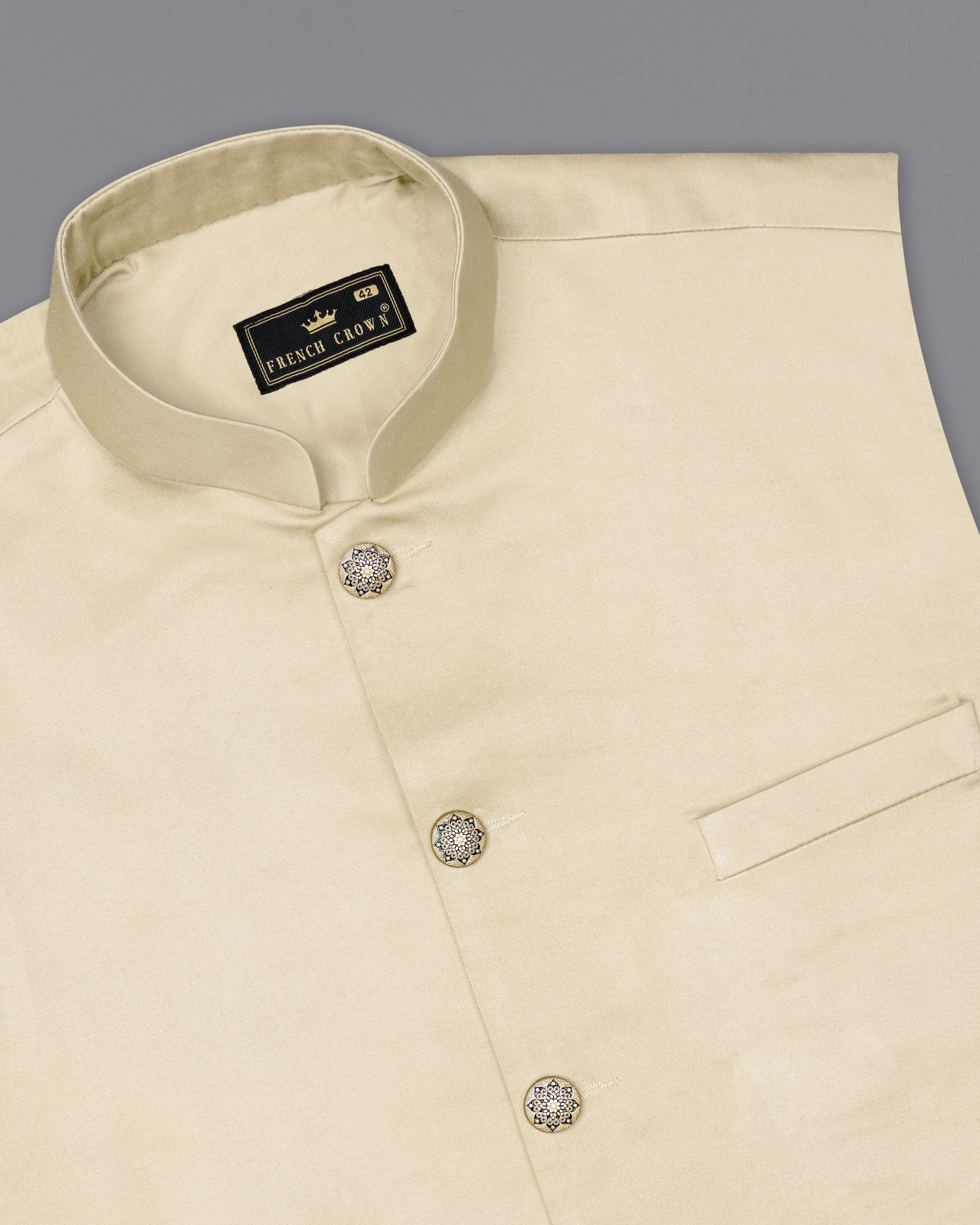 Moon Mist Beige Premium Cotton Stretchable Nehru Jacket WC2674-36, WC2674-38, WC2674-40, WC2674-42, WC2674-44, WC2674-46, WC2674-48, WC2674-50, WC2674-52, WC2674-54, WC2674-56, WC2674-58, WC2674-60