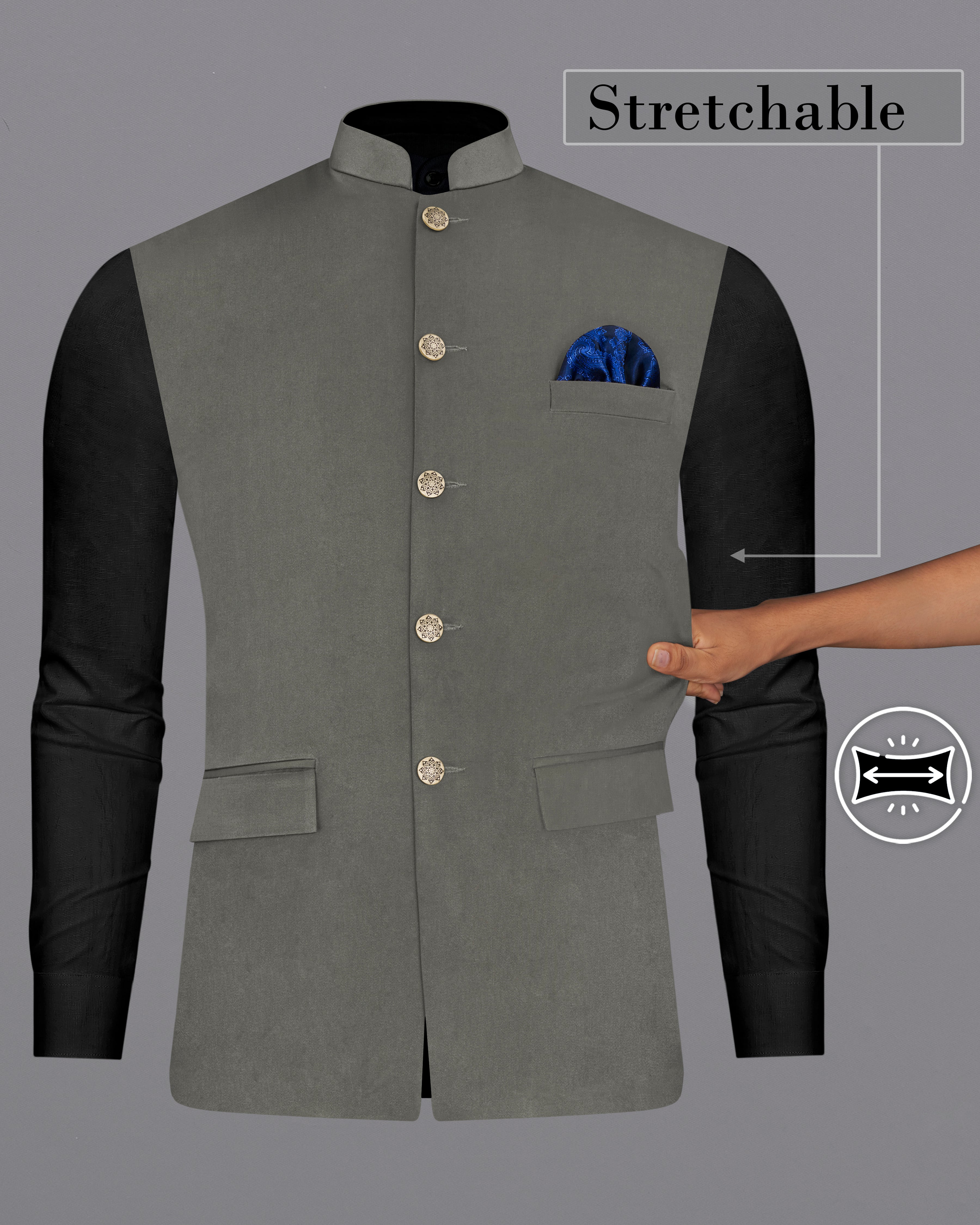 Ironside Gray Premium Cotton Stretchable Nehru Jacket WC2684-36, WC2684-38, WC2684-40, WC2684-42, WC2684-44, WC2684-46, WC2684-48, WC2684-50, WC2684-52, WC2684-54, WC2684-56, WC2684-58, WC2684-60