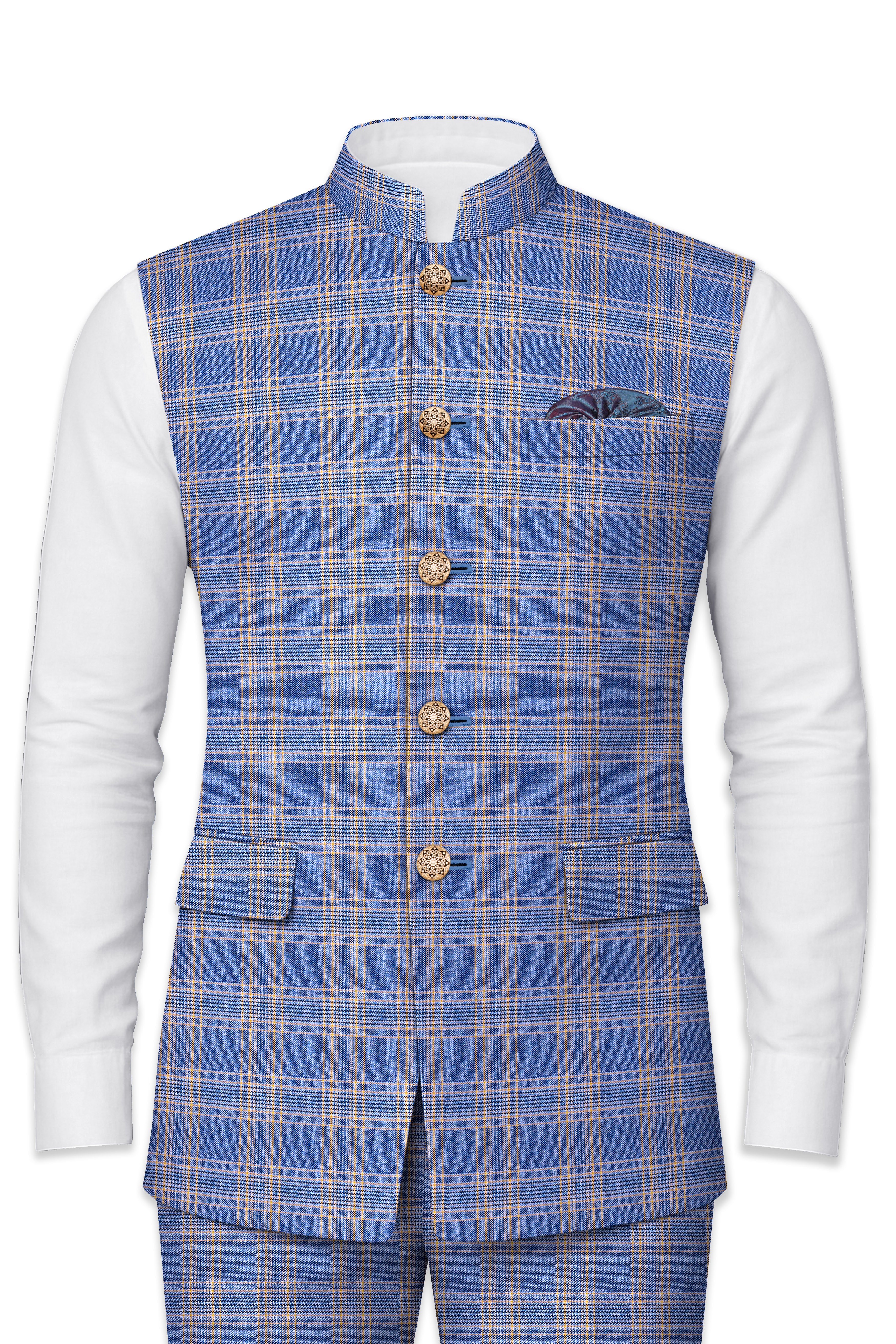 Scampi Blue and Muesli Brown Plaid Wool Rich Nehru Jacket