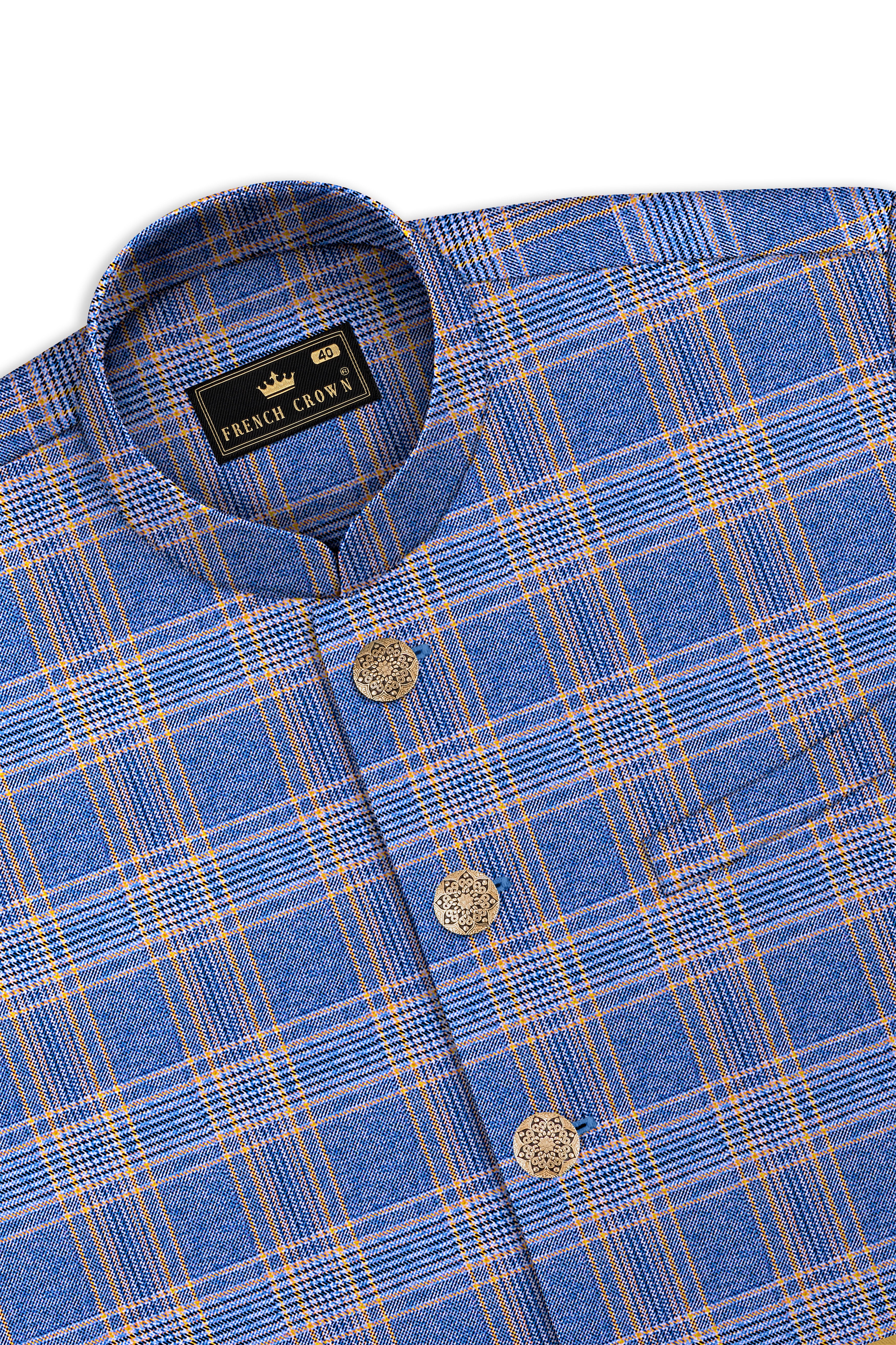Scampi Blue and Muesli Brown Plaid Wool Rich Nehru Jacket