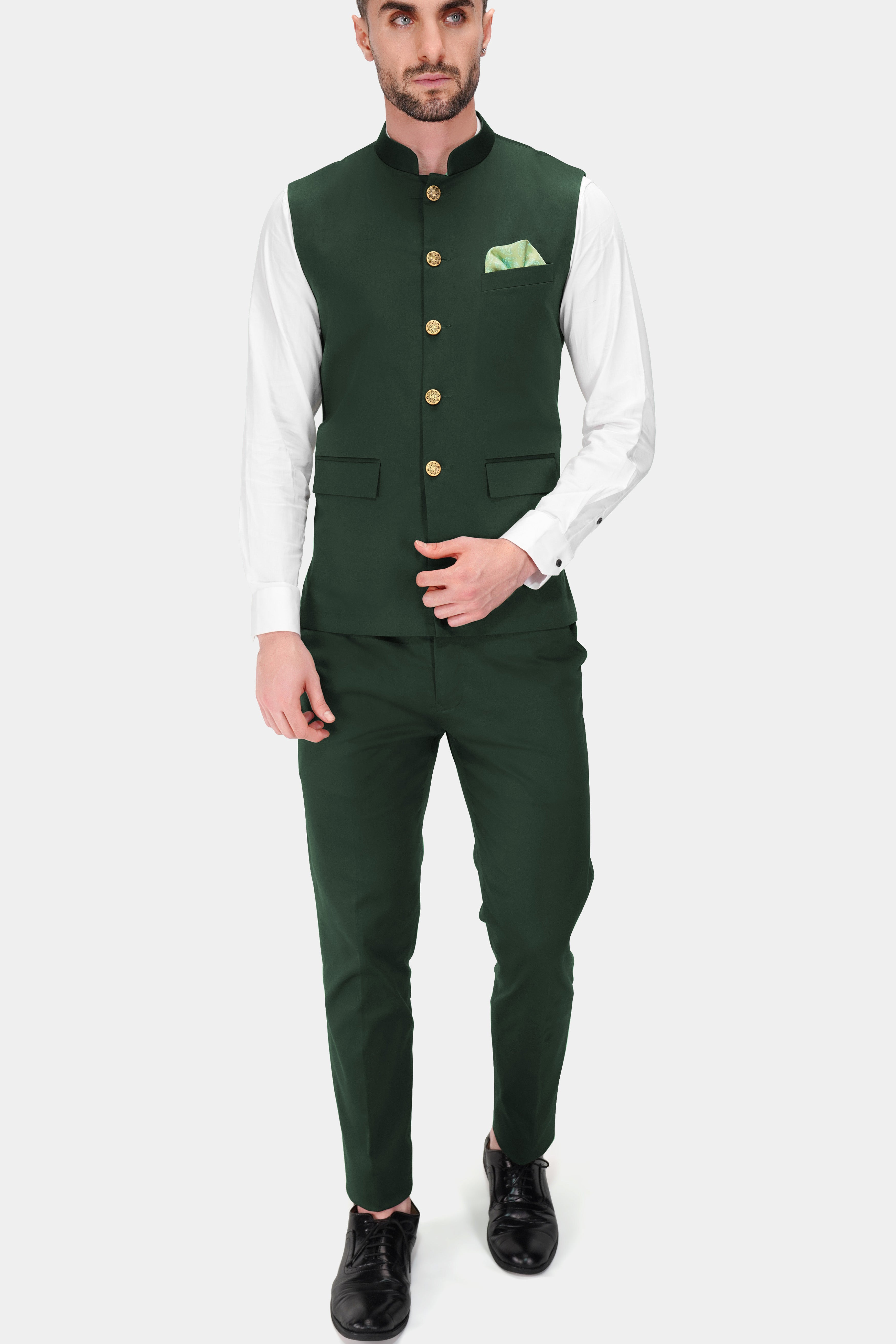 Heavy Metal Green Premium Cotton Stretchable Traveler Nehru Jacket