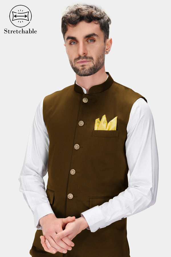 Metallic Bronze Brown Premium Cotton Stretchable Traveler Nehru Jacket WC2780-36, WC2780-38, WC2780-40, WC2780-42, WC2780-44, WC2780-46, WC2780-48, WC2780-50, WC2780-52, WC2780-54, WC2780-56, WC2780-58, WC2780-60