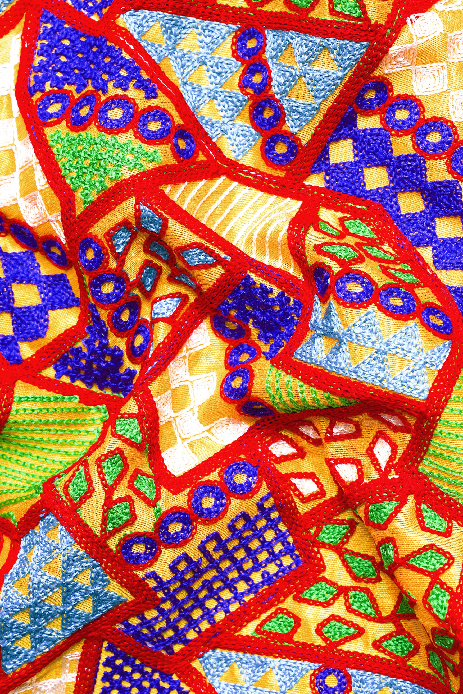 Carmine Red with Amber Yellow Multicolour Cotton Thread Embroidered Designer Nehru Jacket