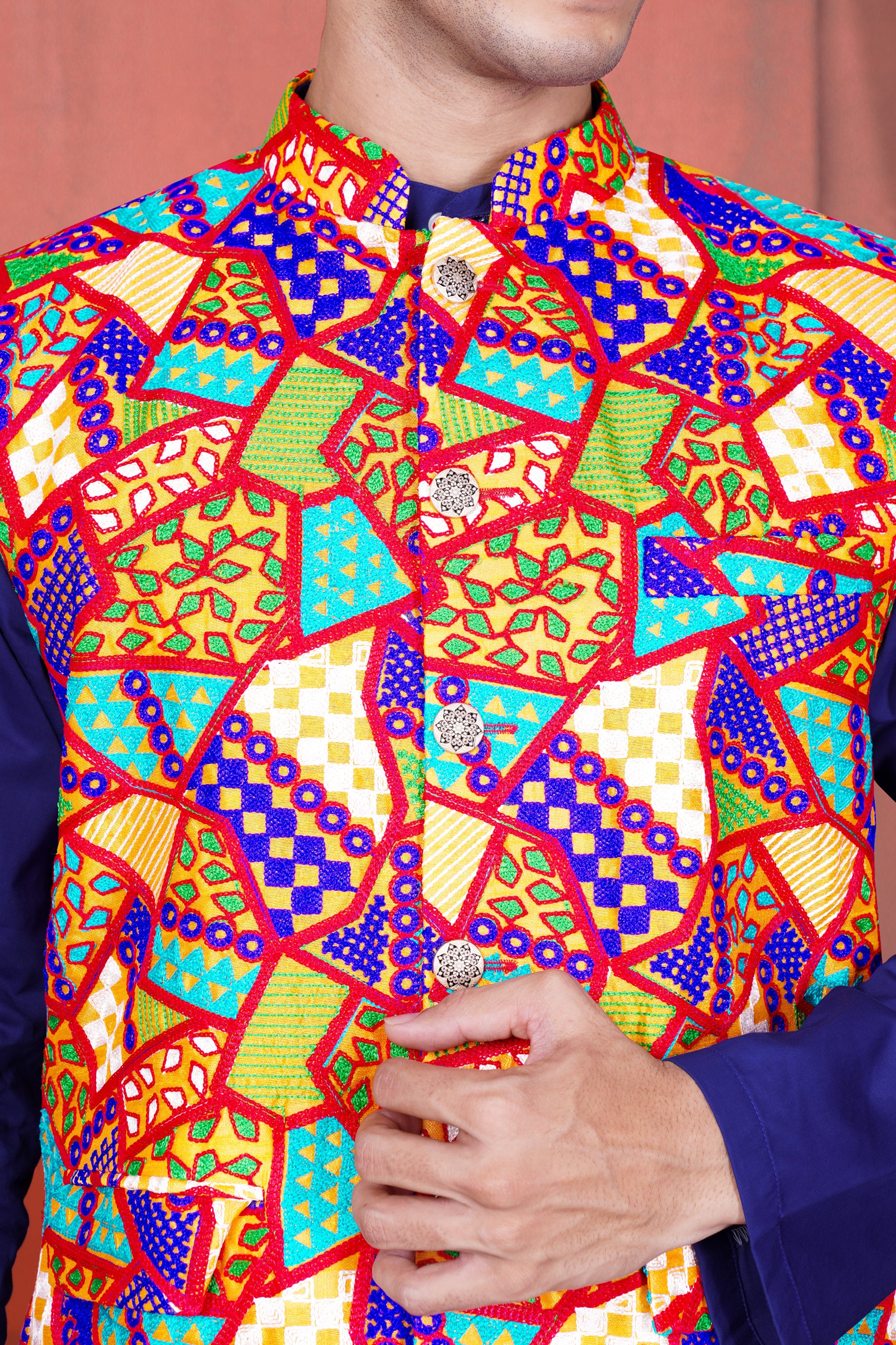 Carmine Red with Amber Yellow Multicolour Cotton Thread Embroidered Designer Nehru Jacket