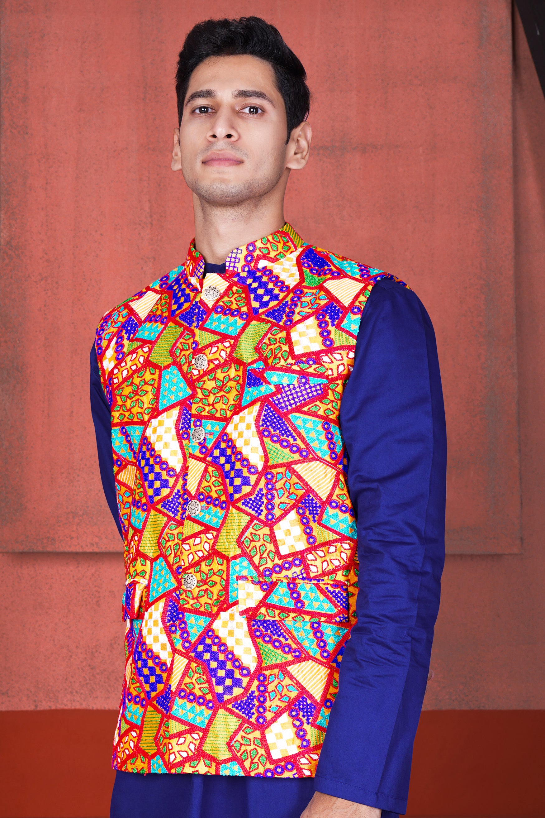 Carmine Red with Amber Yellow Multicolour Cotton Thread Embroidered Designer Nehru Jacket